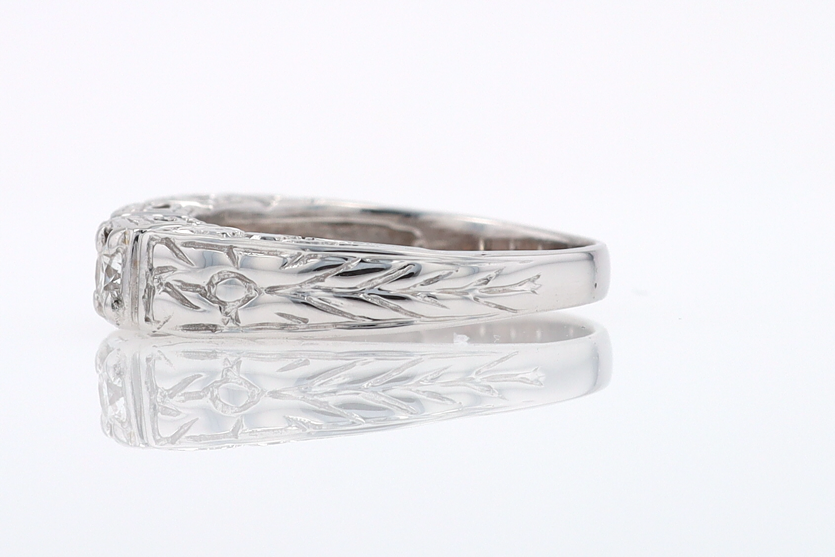 Estate Hand Engraved Diamond Wedding Band 3 Stone Engagement Ring