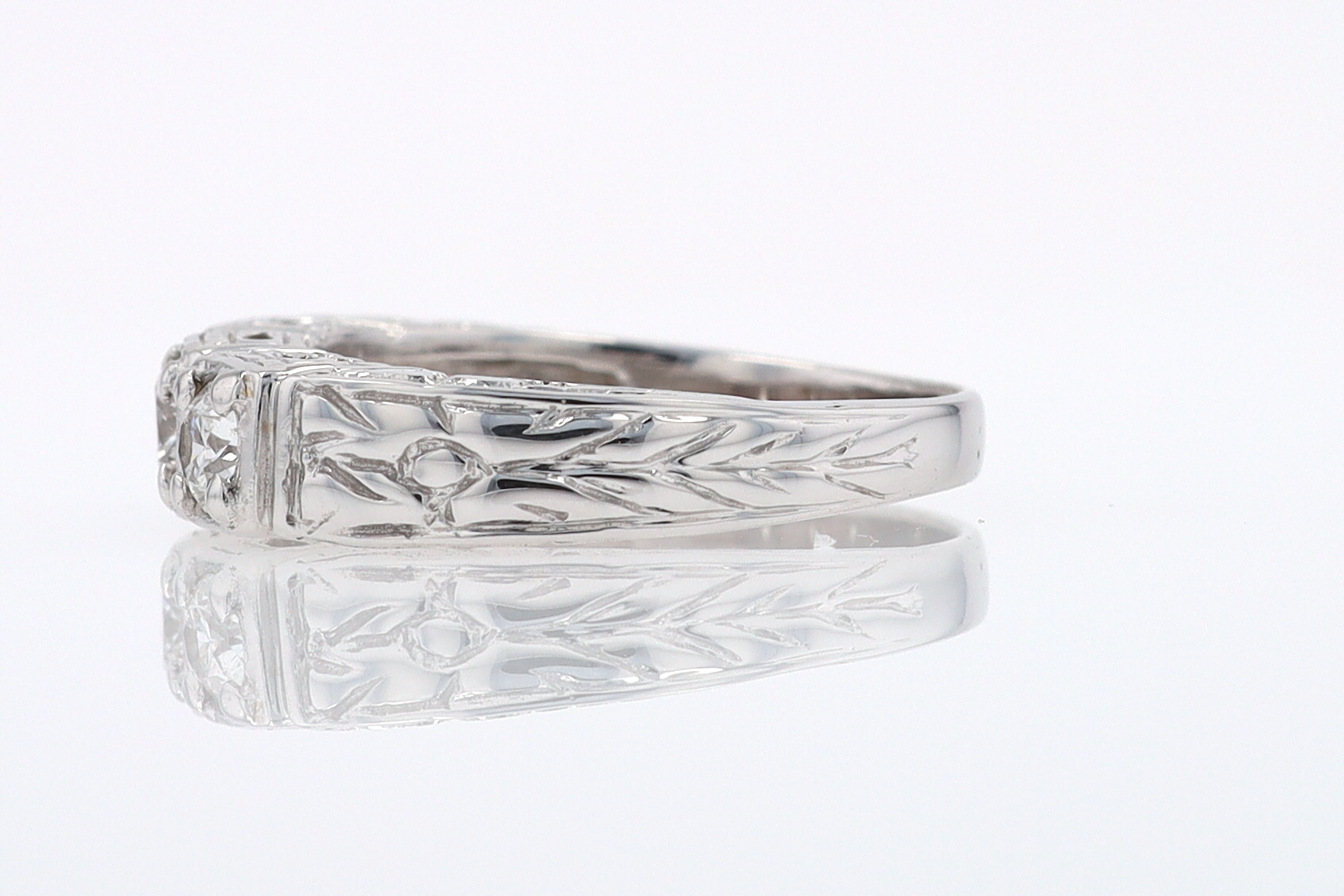 Estate Hand Engraved Diamond Wedding Band 3 Stone Engagement Ring