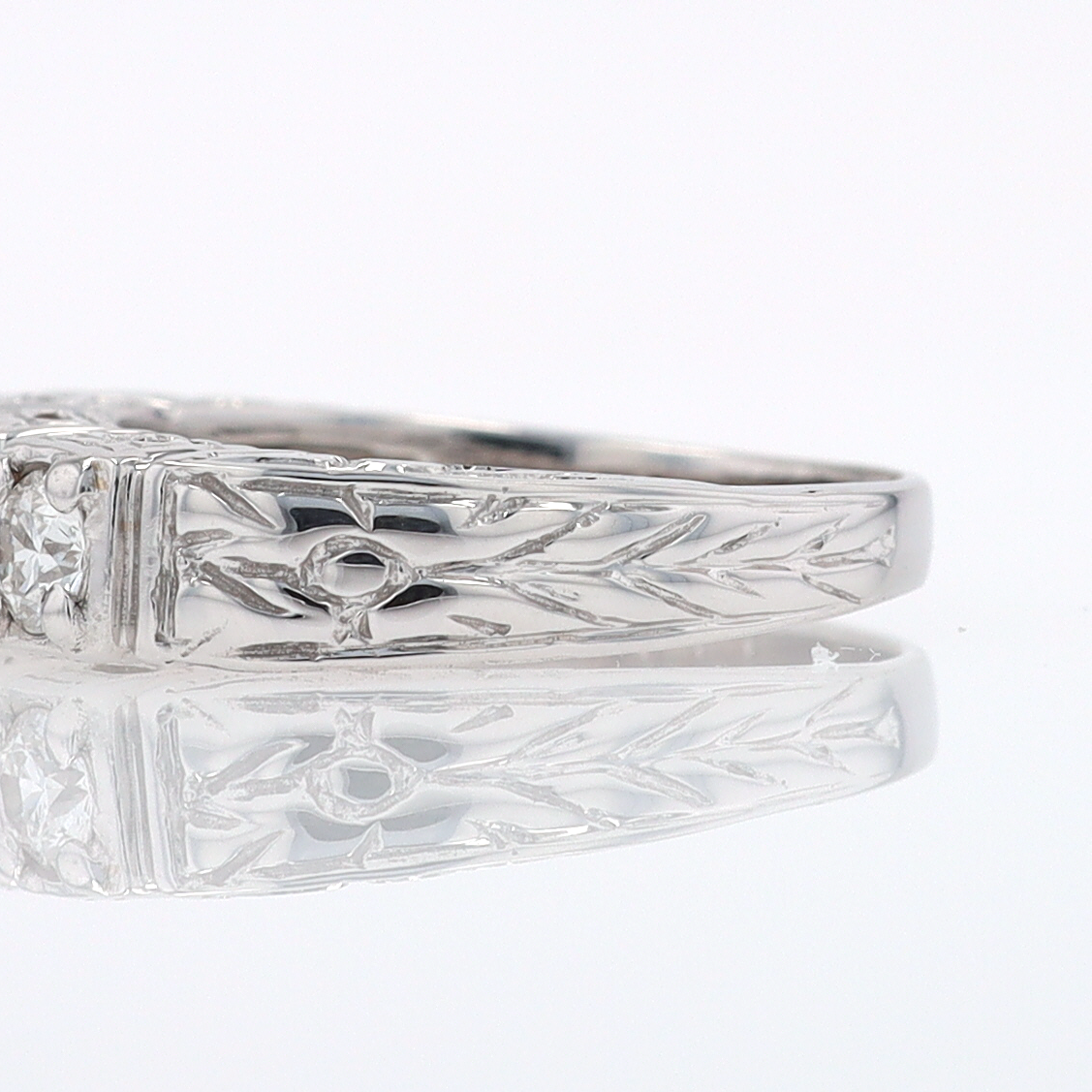 Estate Hand Engraved Diamond Wedding Band 3 Stone Engagement Ring