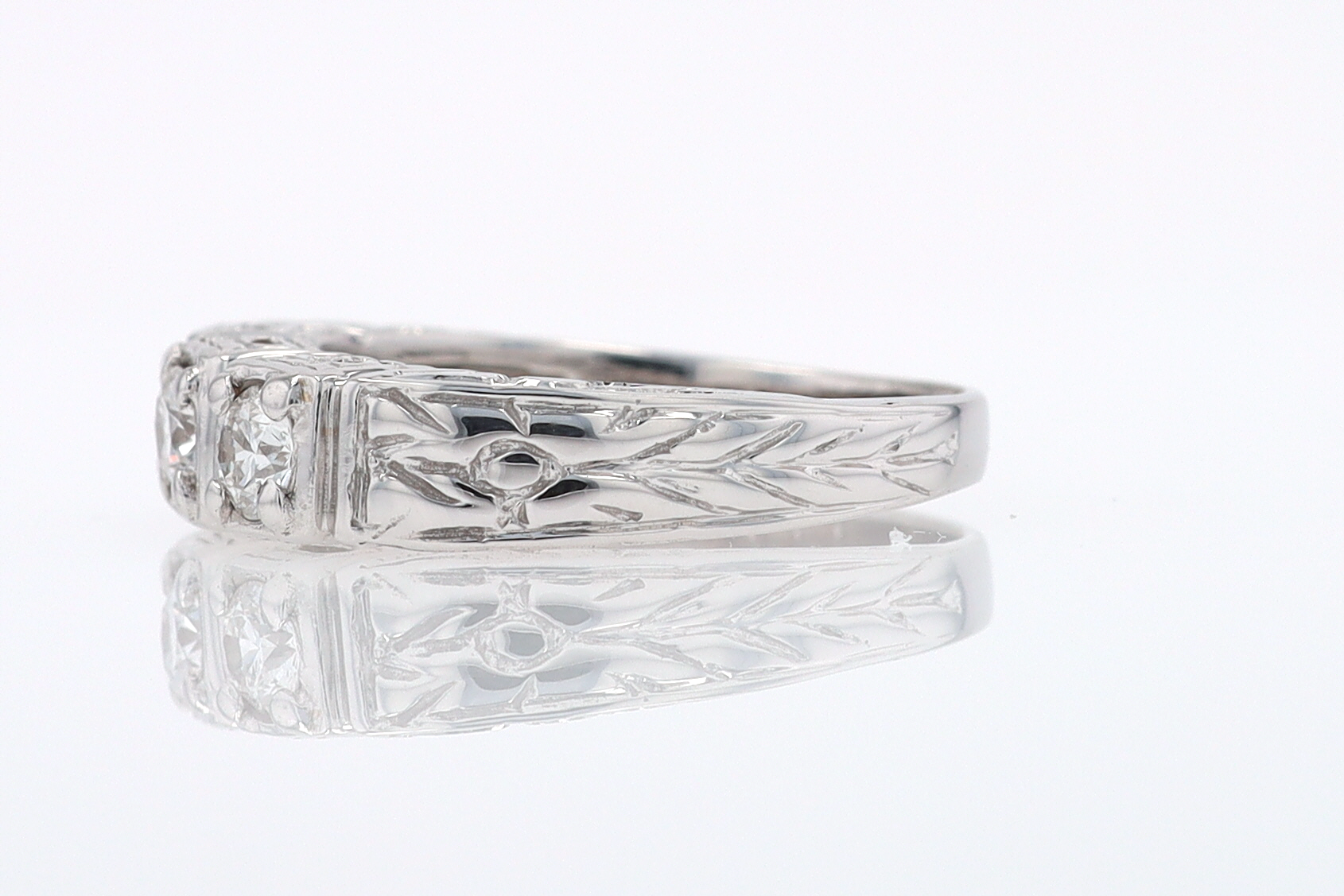 Estate Hand Engraved Diamond Wedding Band 3 Stone Engagement Ring