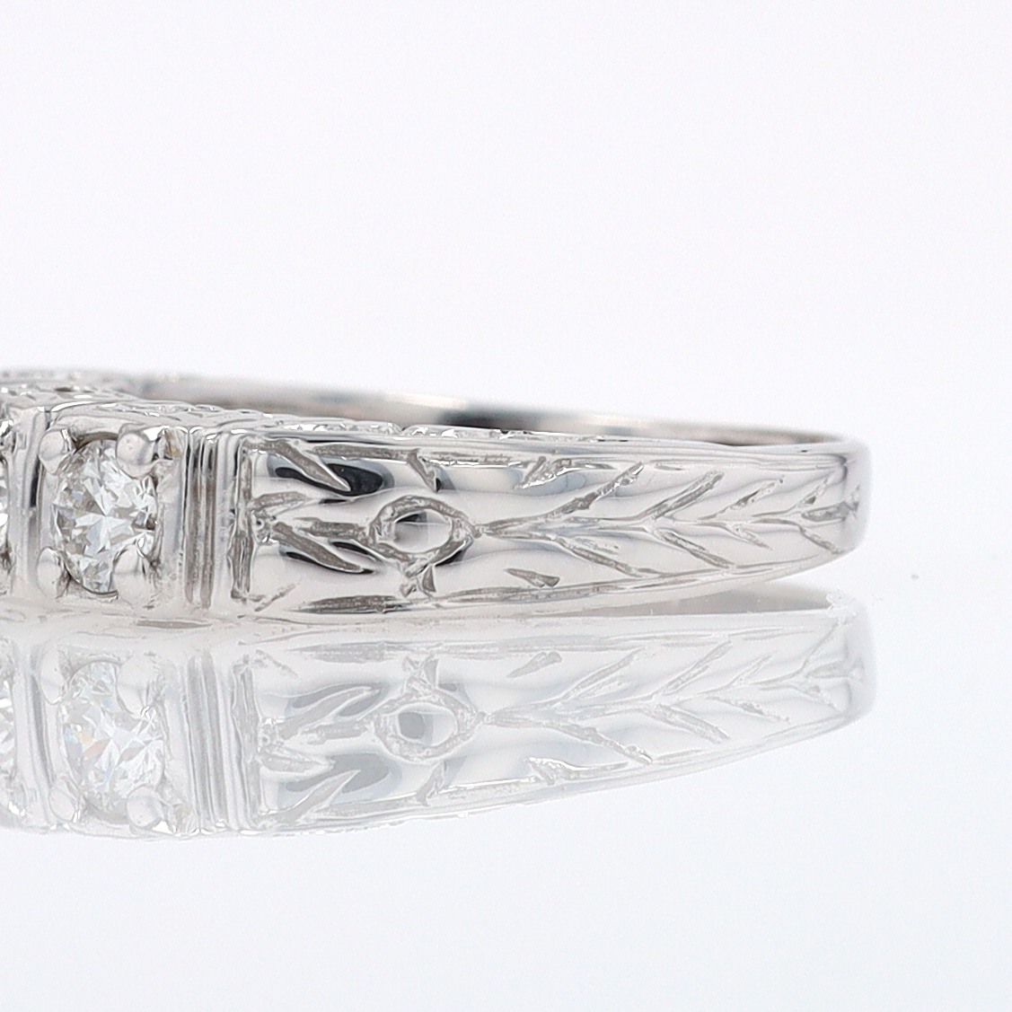 Estate Hand Engraved Diamond Wedding Band 3 Stone Engagement Ring