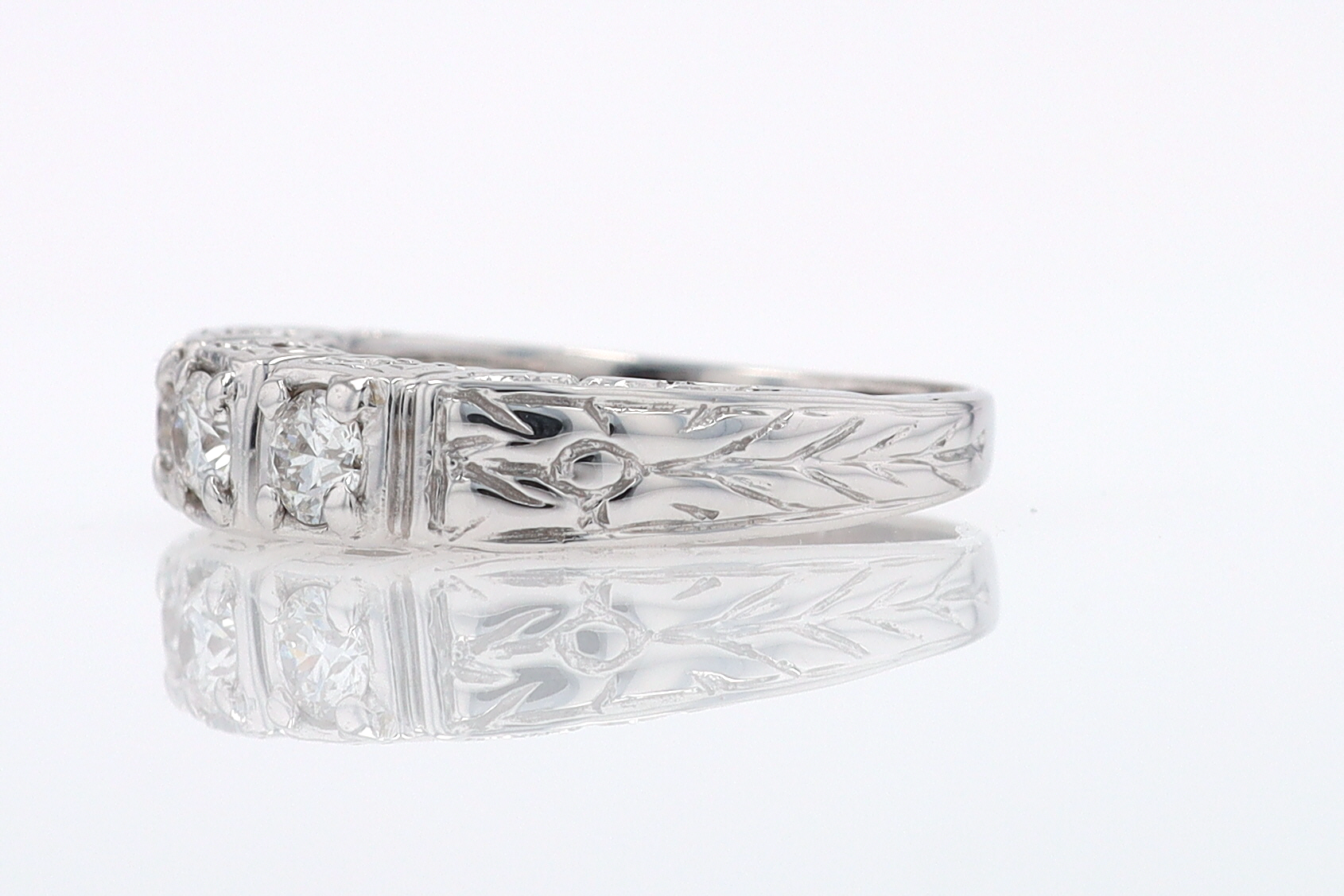 Estate Hand Engraved Diamond Wedding Band 3 Stone Engagement Ring