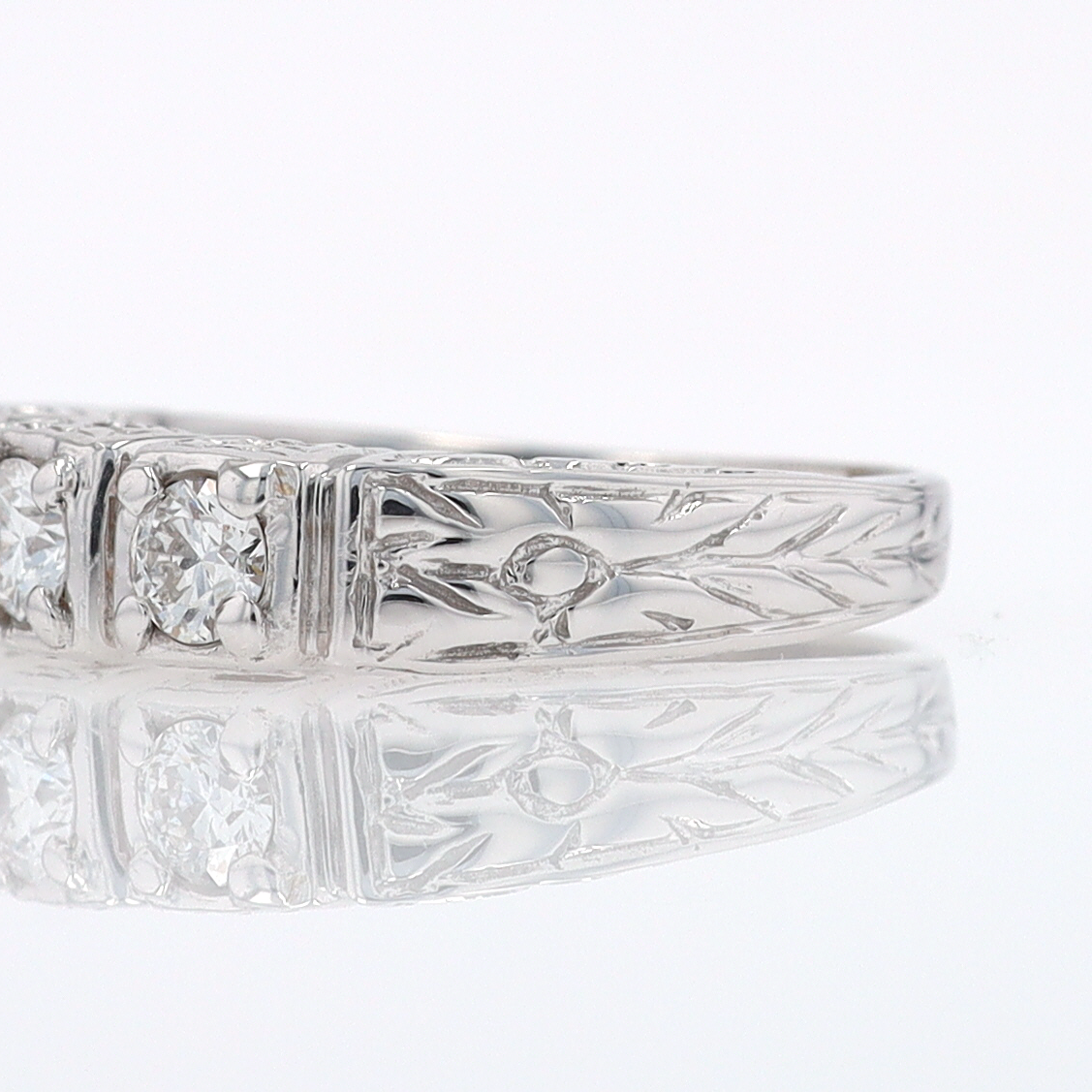 Estate Hand Engraved Diamond Wedding Band 3 Stone Engagement Ring