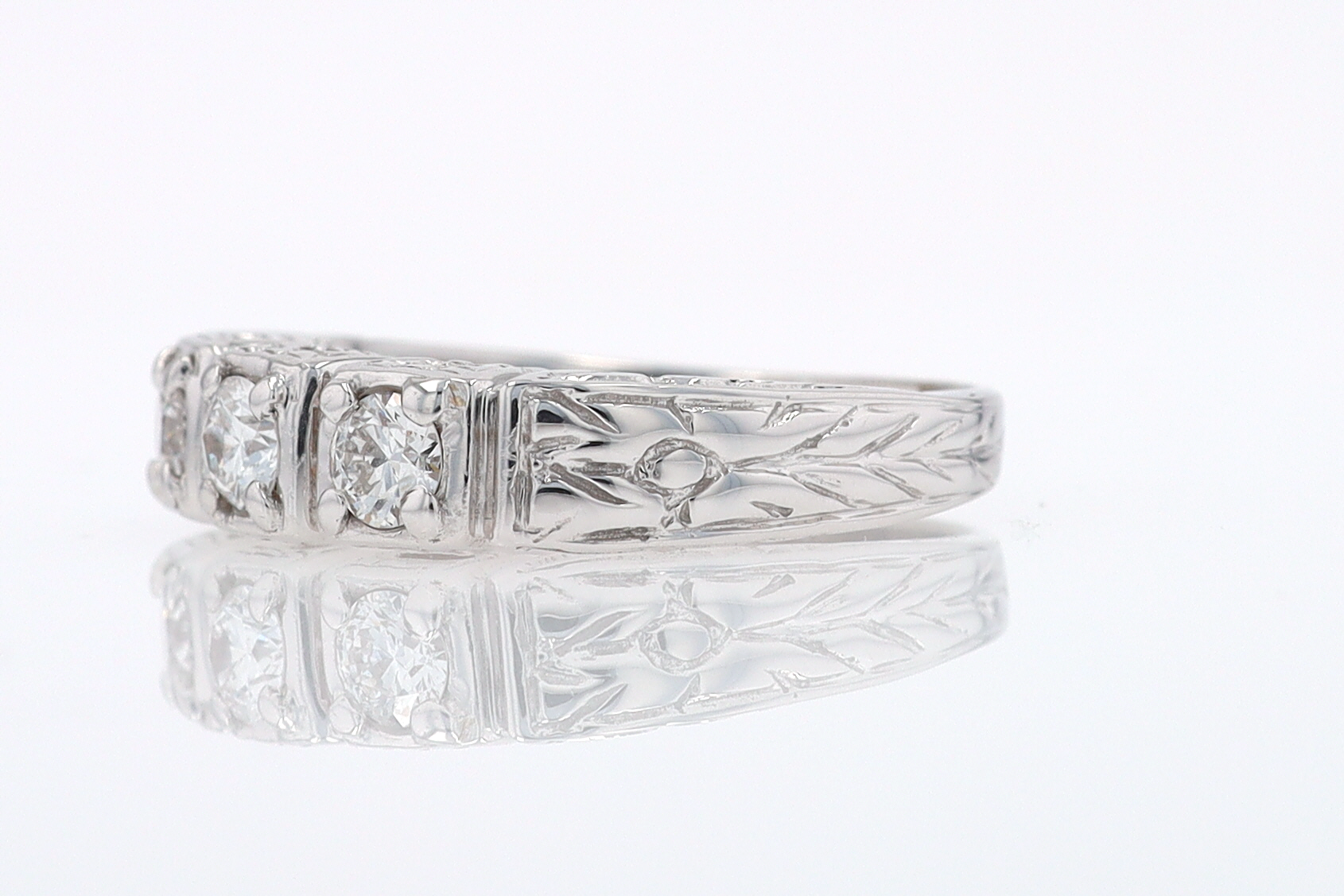 Estate Hand Engraved Diamond Wedding Band 3 Stone Engagement Ring