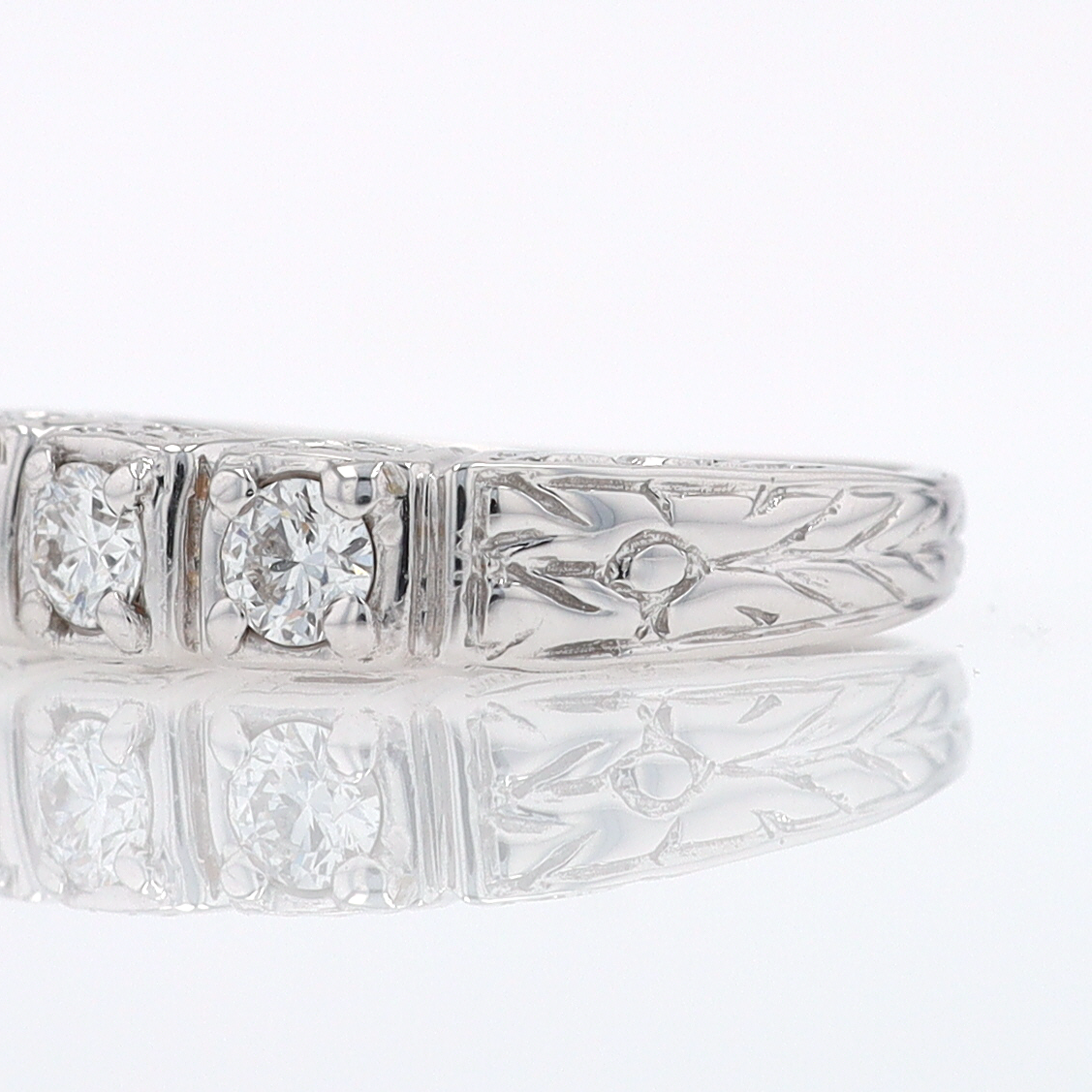 Estate Hand Engraved Diamond Wedding Band 3 Stone Engagement Ring