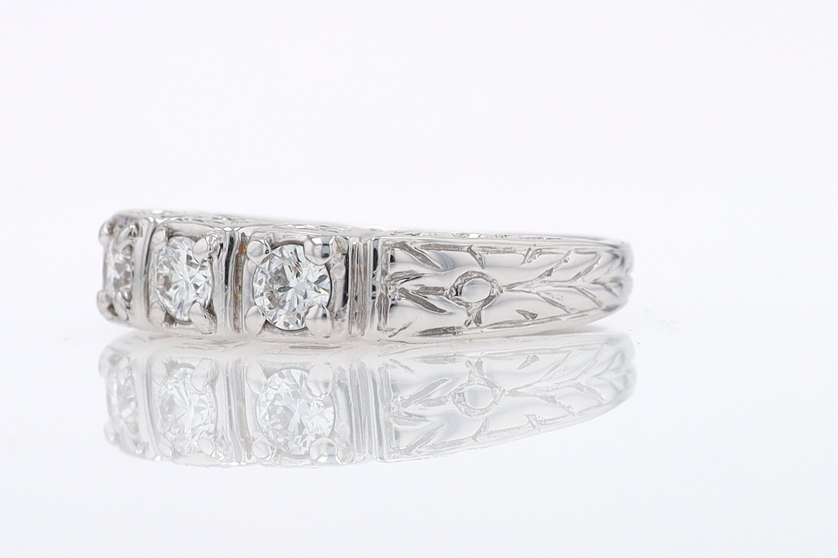 Estate Hand Engraved Diamond Wedding Band 3 Stone Engagement Ring