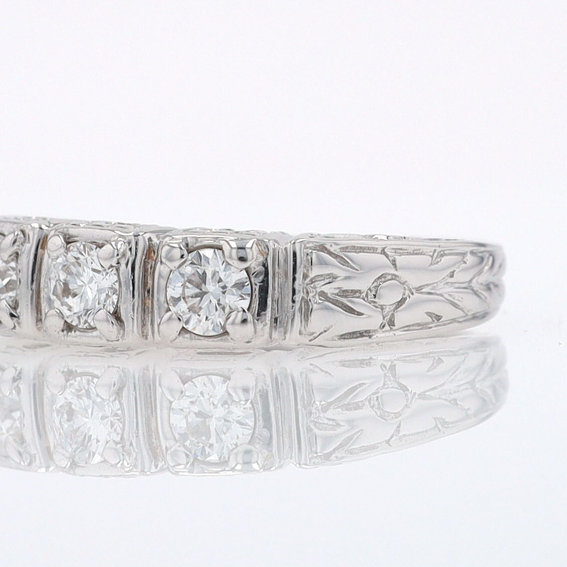 Estate Hand Engraved Diamond Wedding Band 3 Stone Engagement Ring