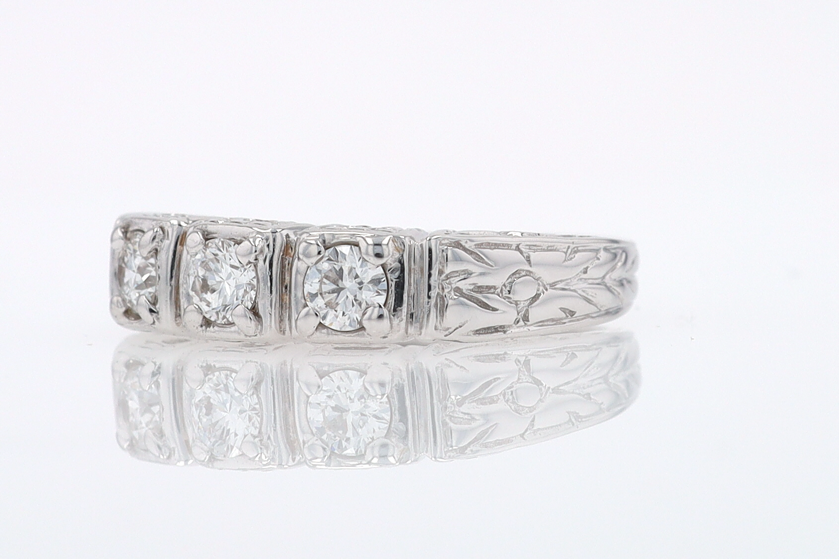 Estate Hand Engraved Diamond Wedding Band 3 Stone Engagement Ring