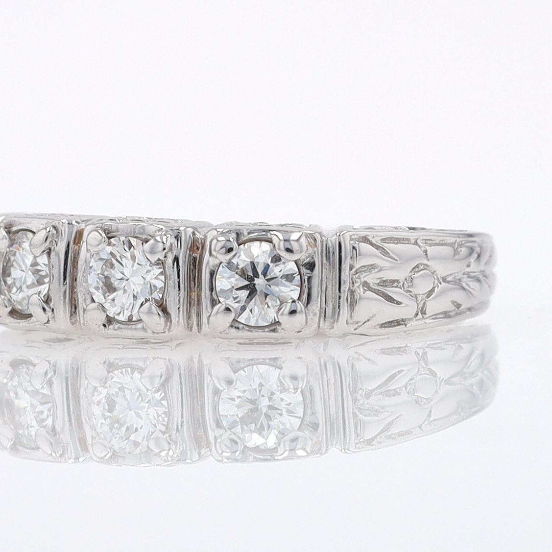 Estate Hand Engraved Diamond Wedding Band 3 Stone Engagement Ring