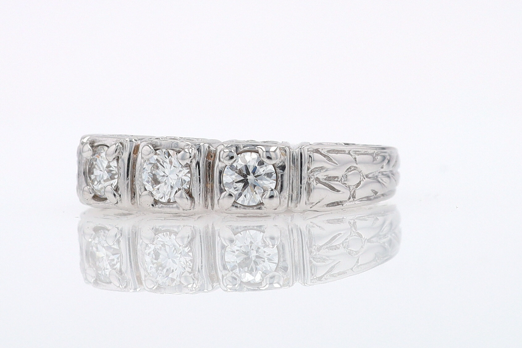 Estate Hand Engraved Diamond Wedding Band 3 Stone Engagement Ring