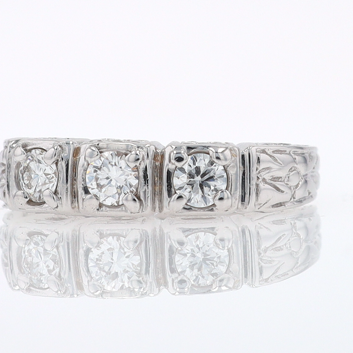 Estate Hand Engraved Diamond Wedding Band 3 Stone Engagement Ring