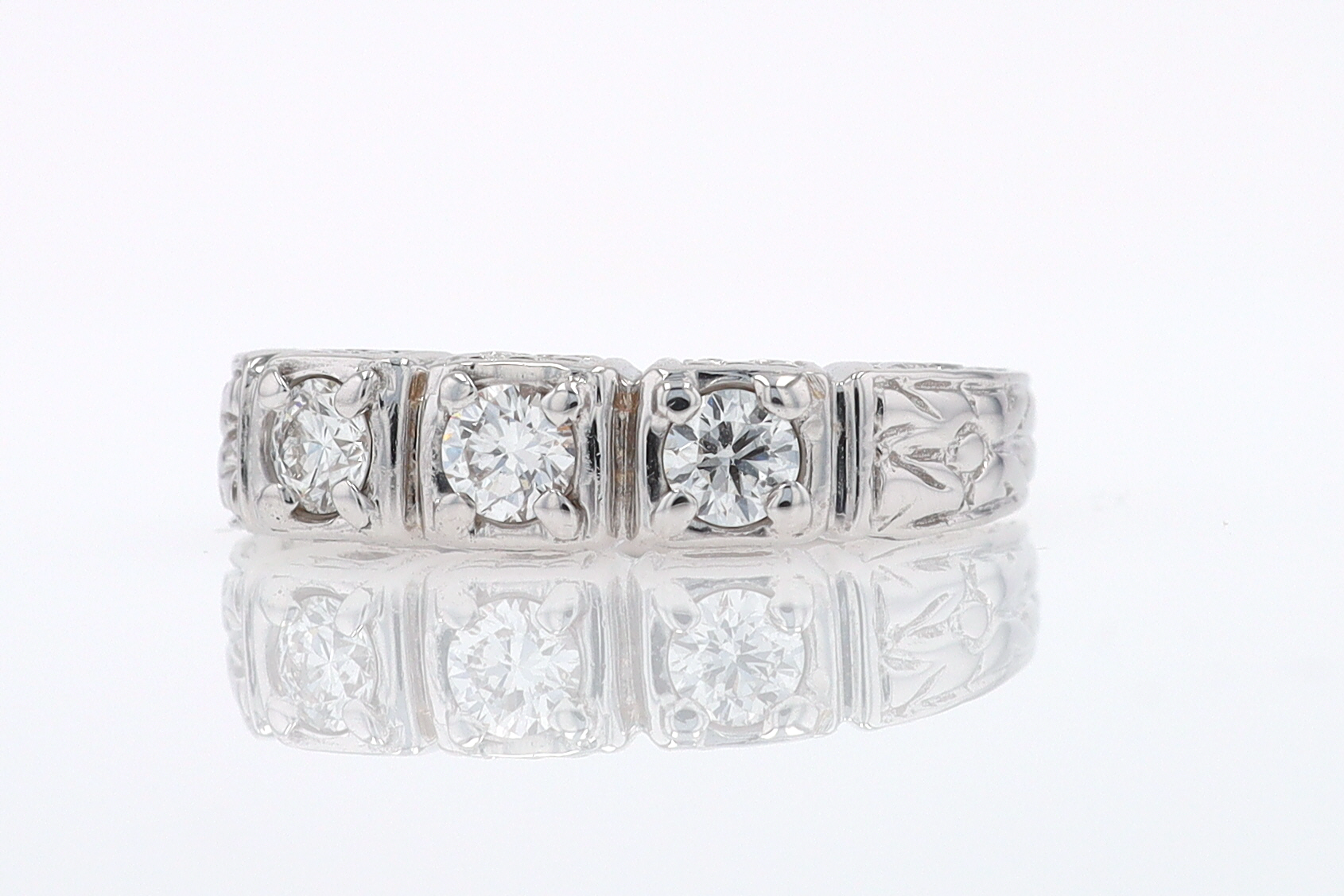 Estate Hand Engraved Diamond Wedding Band 3 Stone Engagement Ring