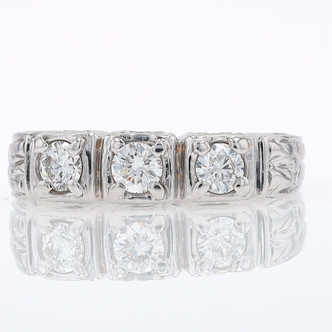 Estate Hand Engraved Diamond Wedding Band 3 Stone Engagement Ring