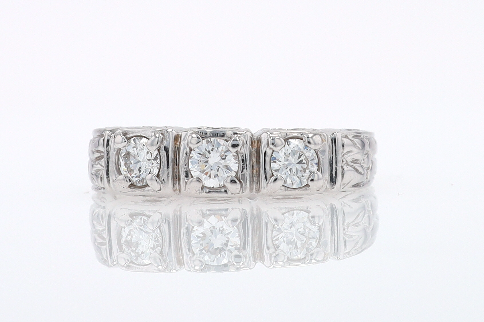 Estate Hand Engraved Diamond Wedding Band 3 Stone Engagement Ring