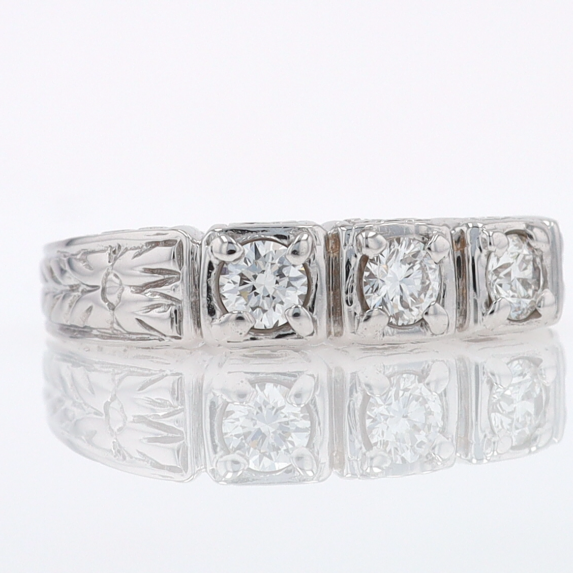 Estate Hand Engraved Diamond Wedding Band 3 Stone Engagement Ring