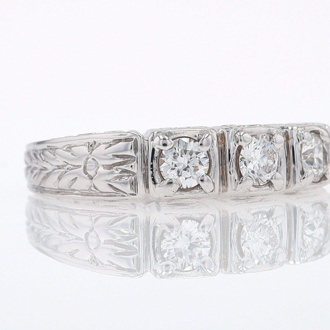 Estate Hand Engraved Diamond Wedding Band 3 Stone Engagement Ring