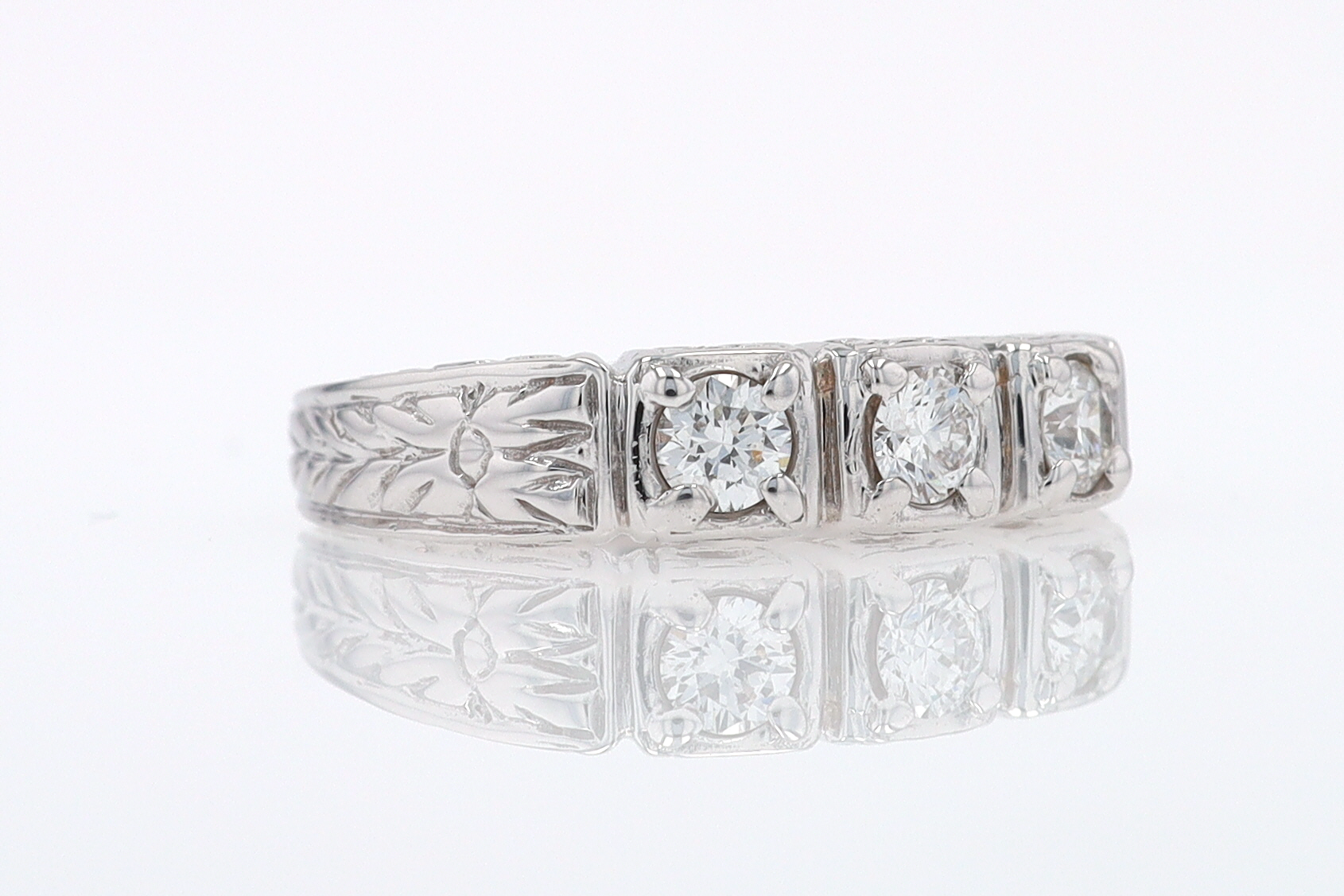 Estate Hand Engraved Diamond Wedding Band 3 Stone Engagement Ring