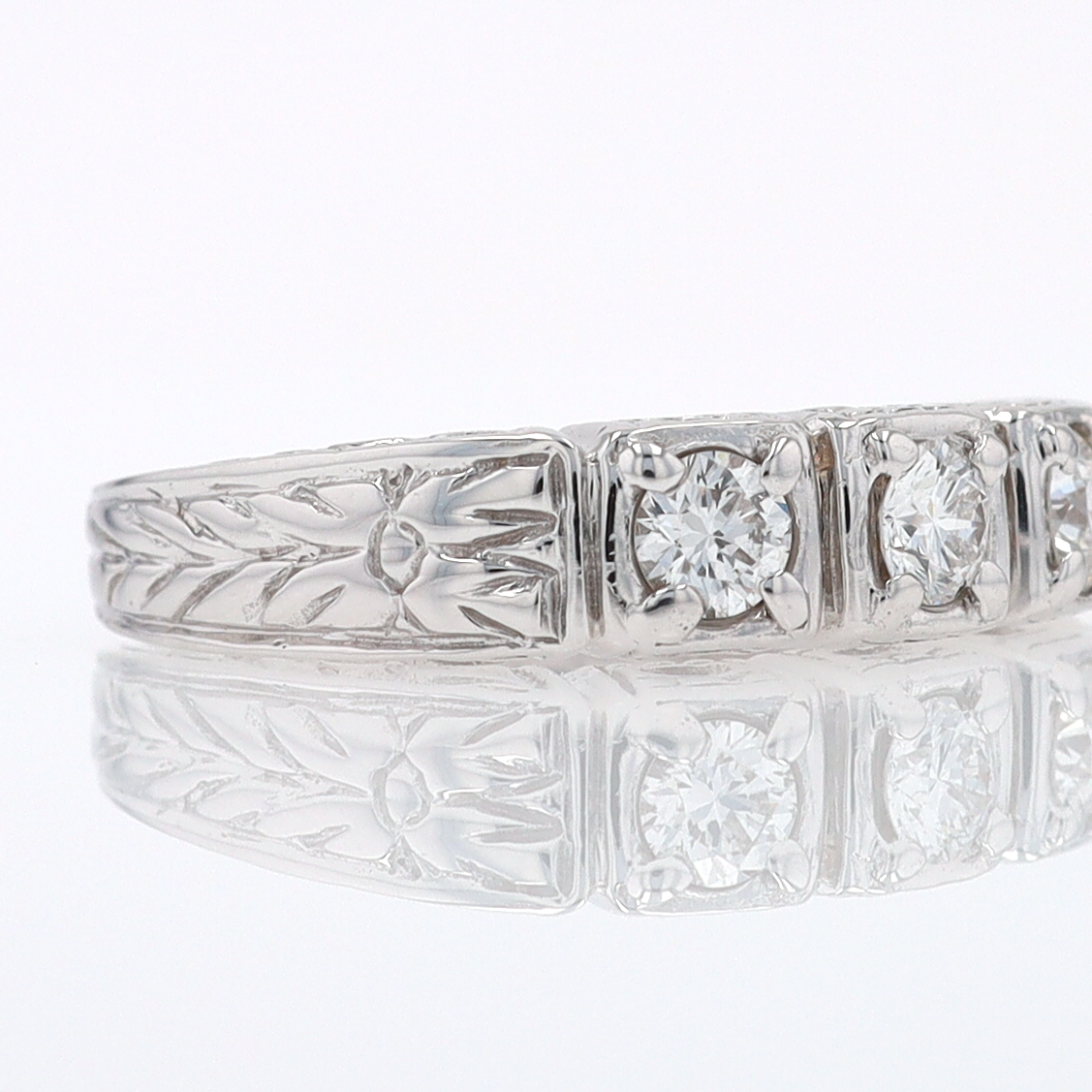 Estate Hand Engraved Diamond Wedding Band 3 Stone Engagement Ring