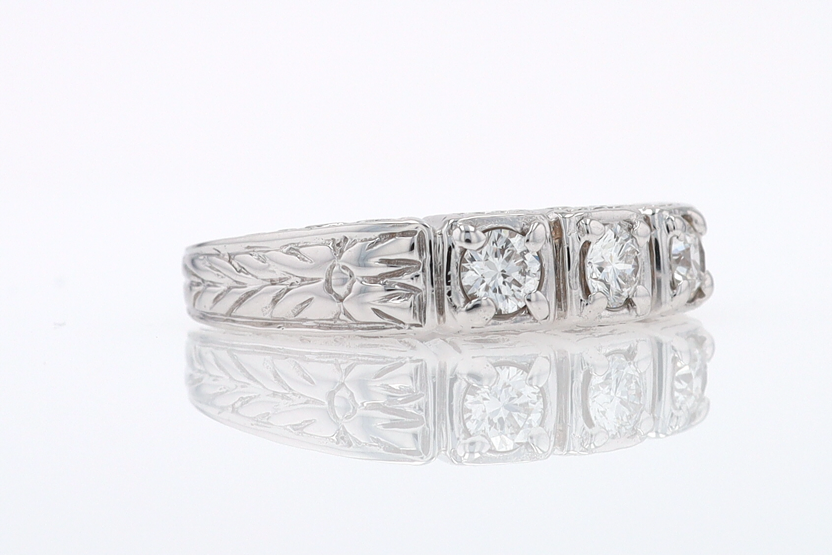 Estate Hand Engraved Diamond Wedding Band 3 Stone Engagement Ring