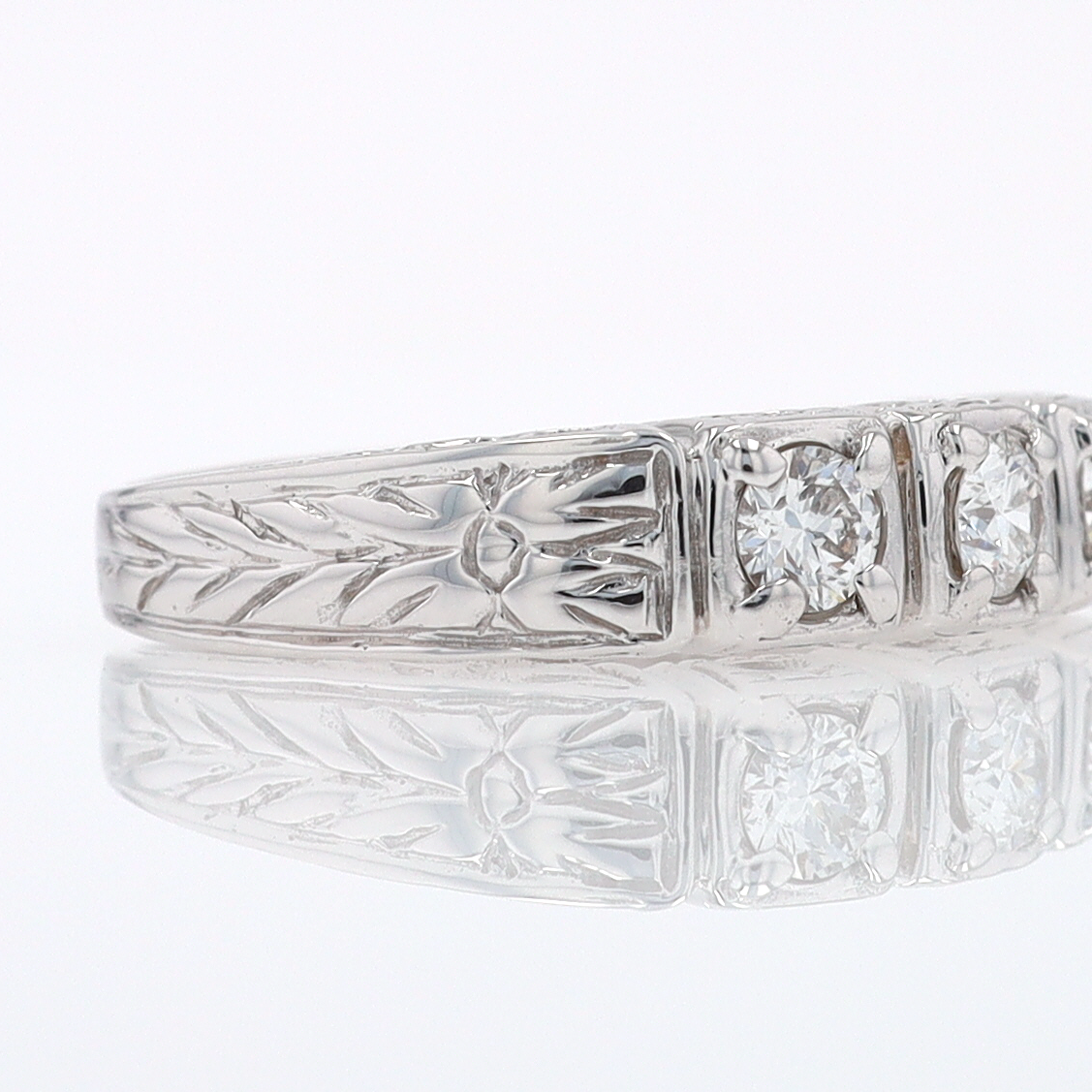 Estate Hand Engraved Diamond Wedding Band 3 Stone Engagement Ring