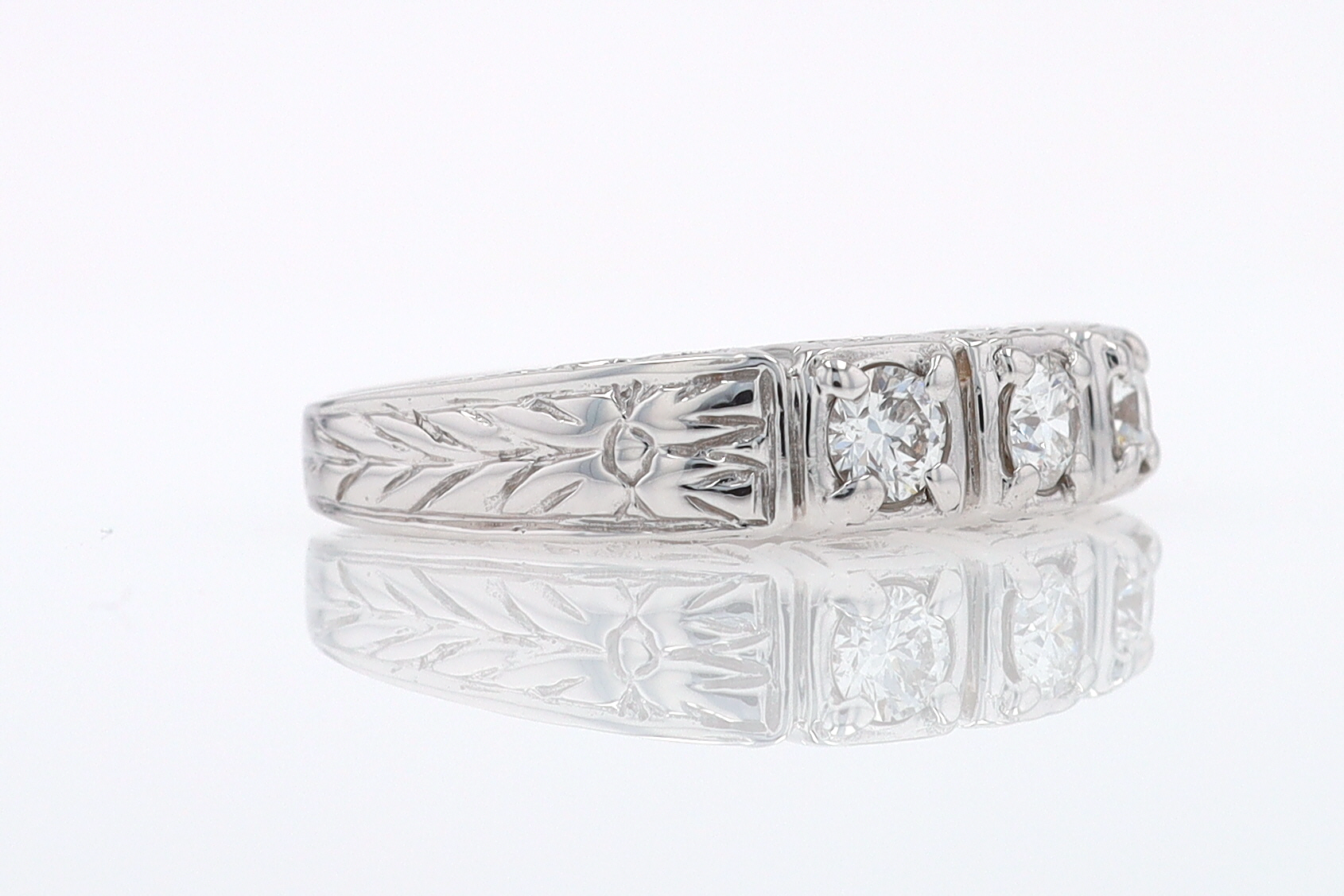 Estate Hand Engraved Diamond Wedding Band 3 Stone Engagement Ring