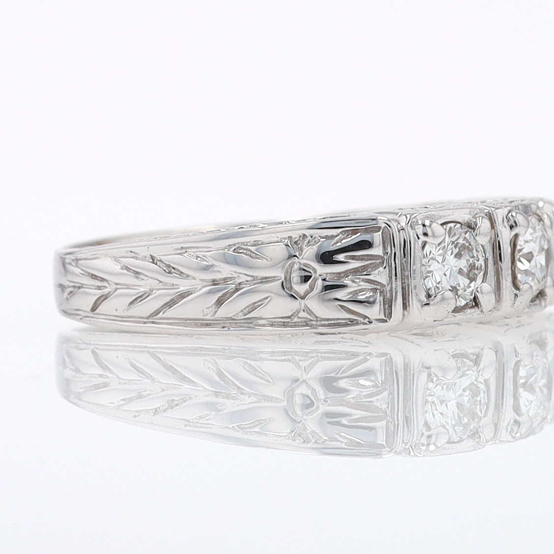 Estate Hand Engraved Diamond Wedding Band 3 Stone Engagement Ring