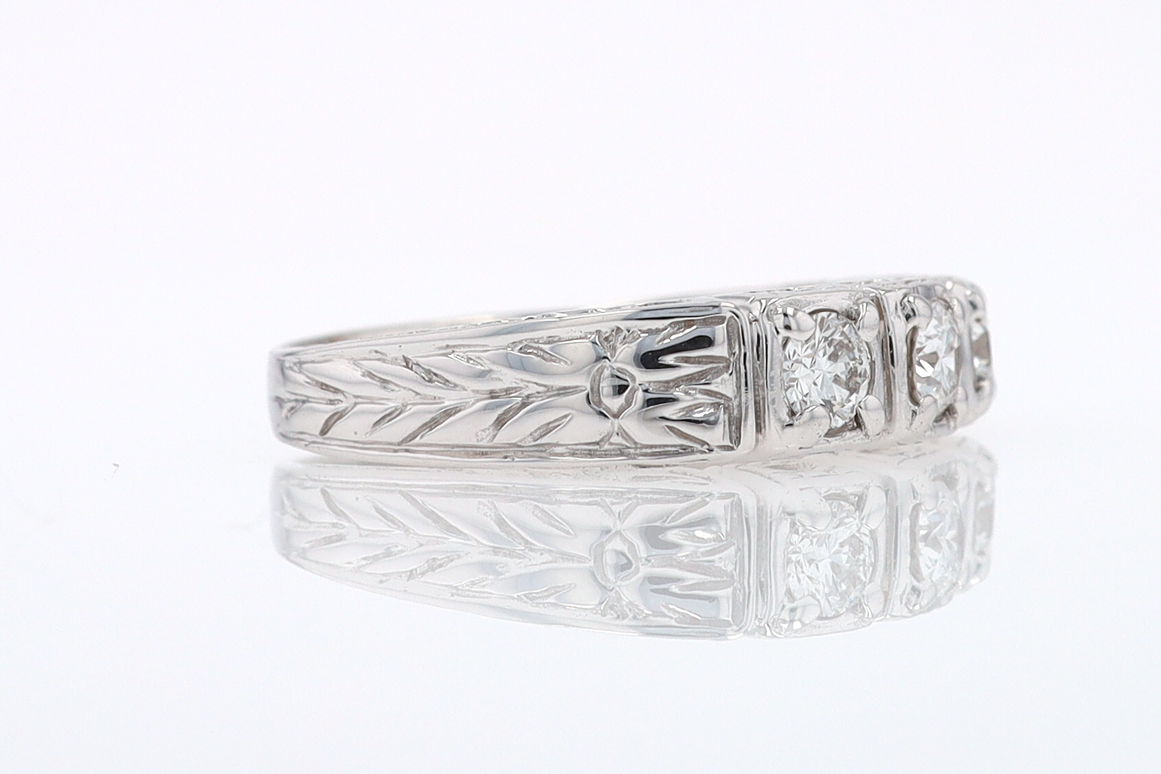 Estate Hand Engraved Diamond Wedding Band 3 Stone Engagement Ring