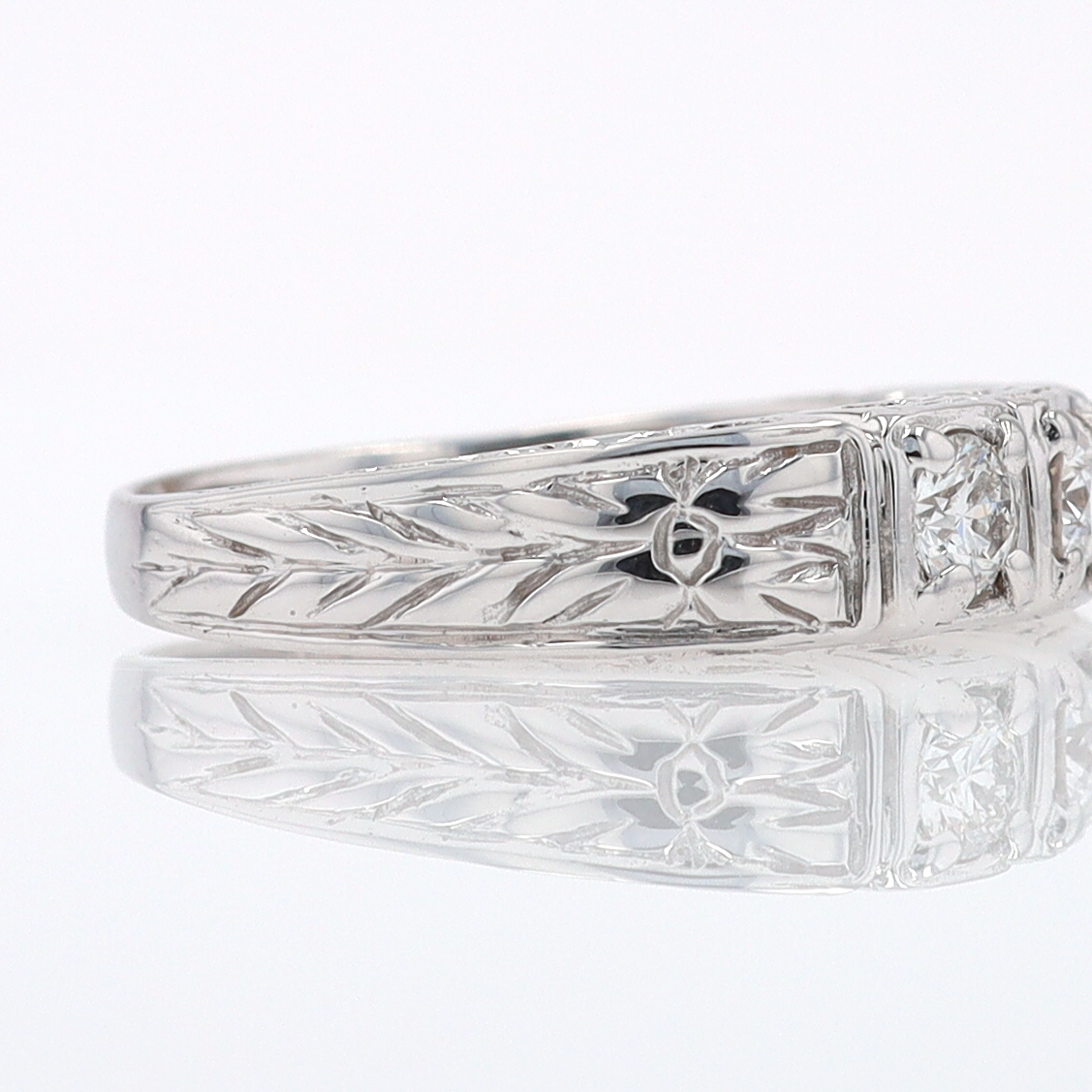 Estate Hand Engraved Diamond Wedding Band 3 Stone Engagement Ring