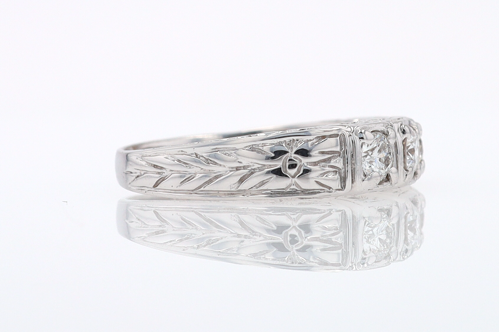 Estate Hand Engraved Diamond Wedding Band 3 Stone Engagement Ring