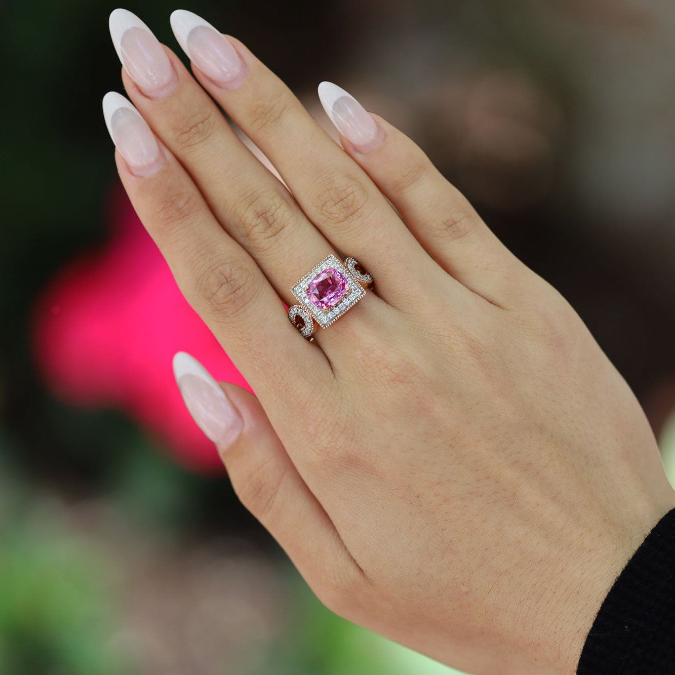Fiery 3.21 Carat Pink Sapphire and Diamond Rose Gold Cocktail Engagement Ring