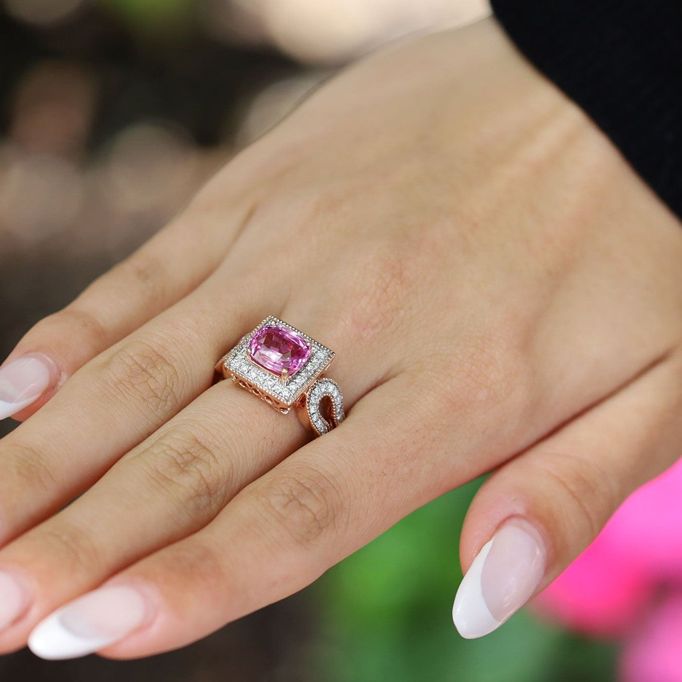 Fiery 3.21 Carat Pink Sapphire and Diamond Rose Gold Cocktail Engagement Ring