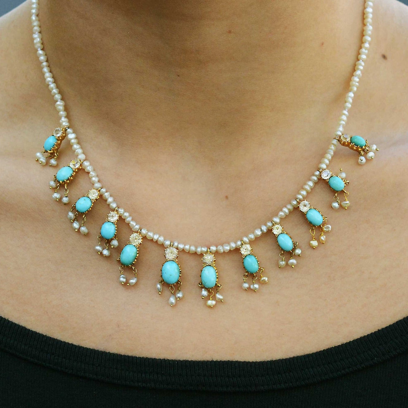 French Belle Époque Turquoise and Seed Pearl Fringe Necklace