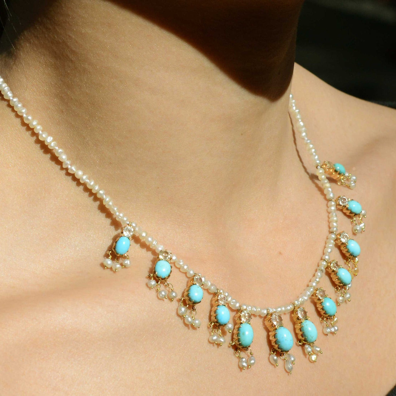 French Belle Époque Turquoise and Seed Pearl Fringe Necklace