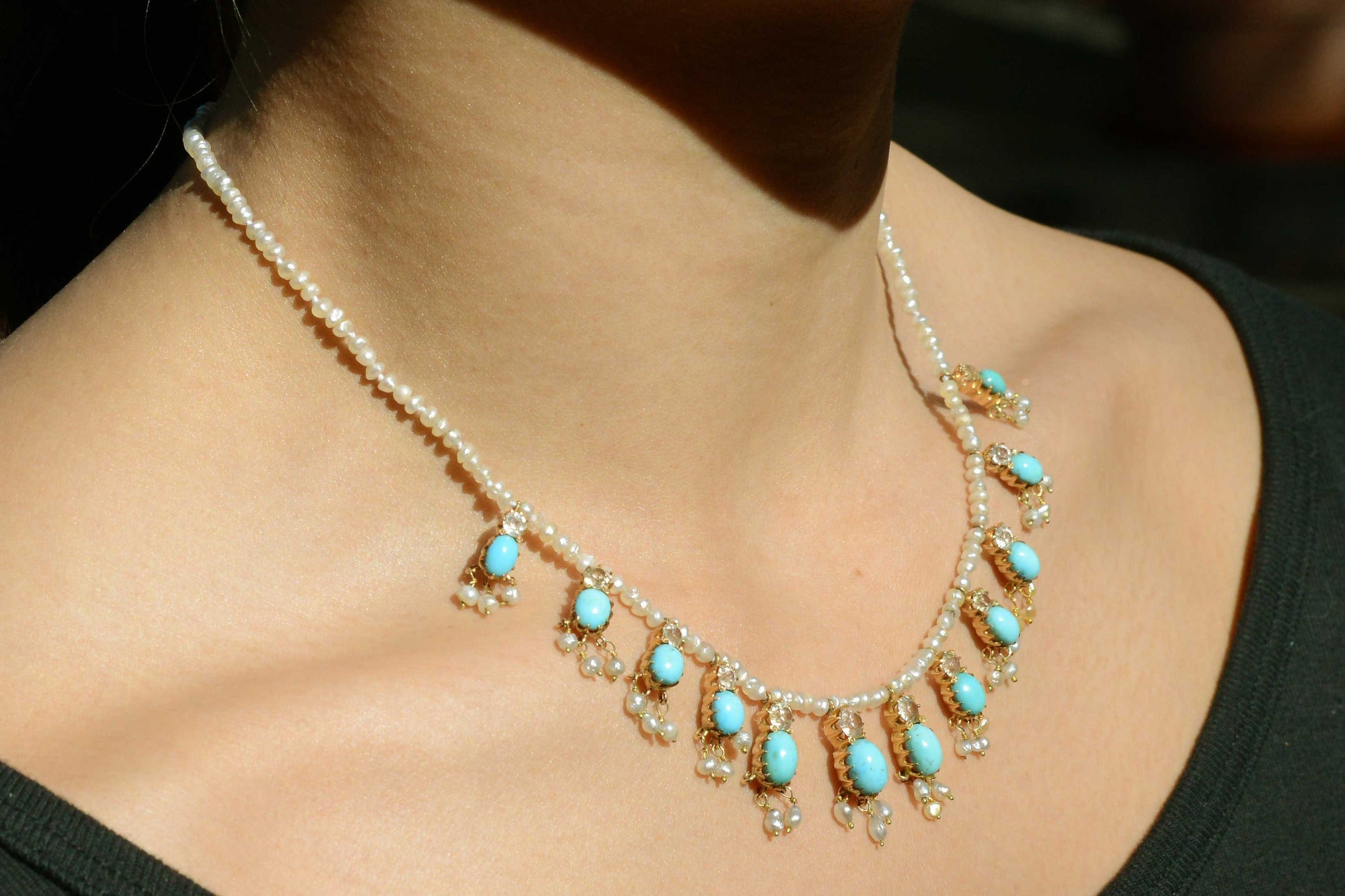 French Belle Époque Turquoise and Seed Pearl Fringe Necklace