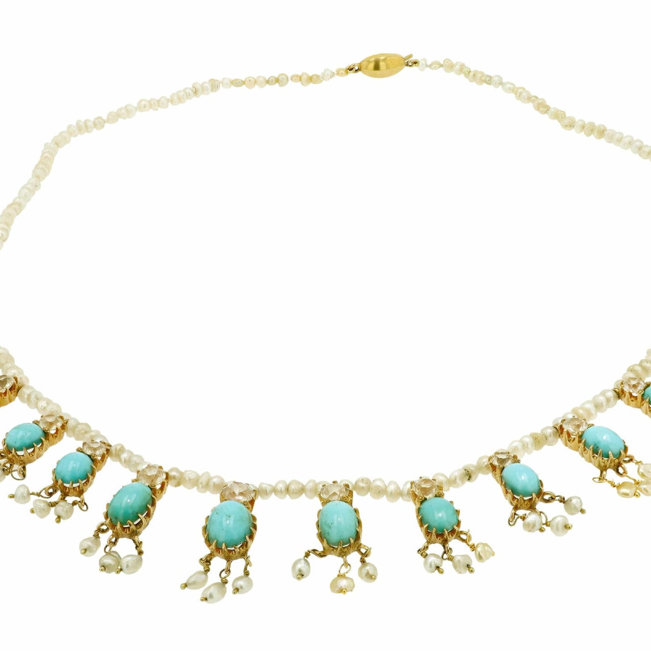 French Belle Époque Turquoise and Seed Pearl Fringe Necklace