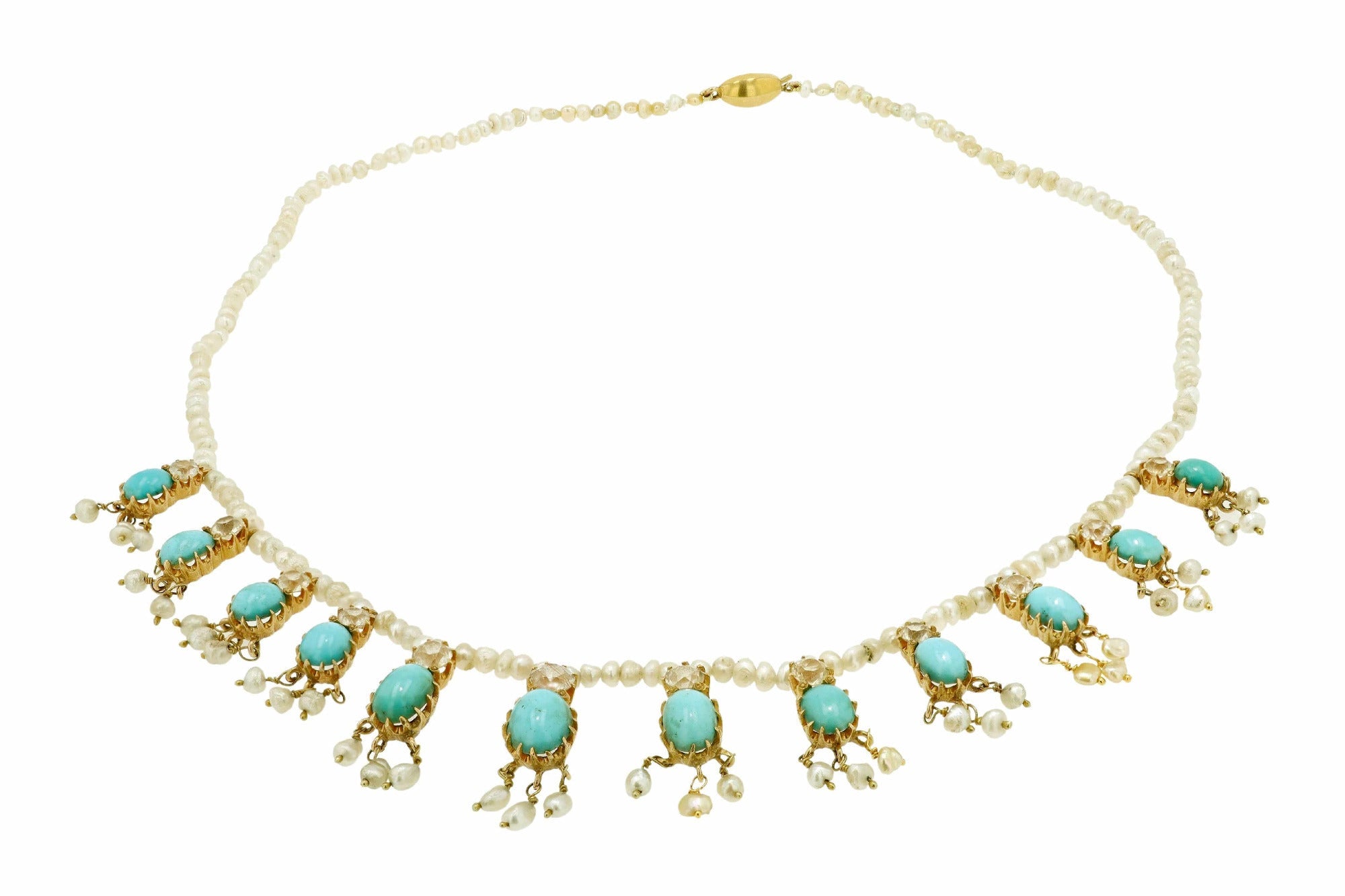 French Belle Époque Turquoise and Seed Pearl Fringe Necklace