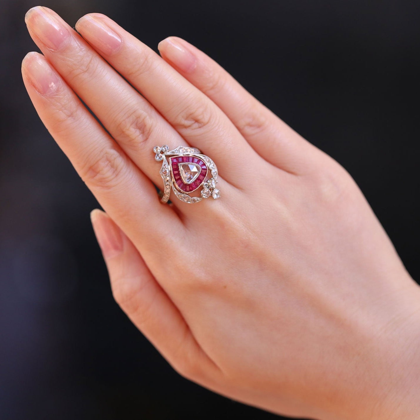 Georgian Inspired Crown Heart Rose Cut Diamond Ruby Engagement Ring