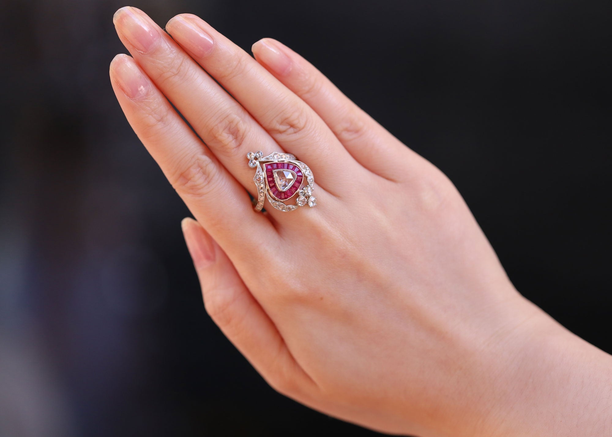Georgian Inspired Crown Heart Rose Cut Diamond Ruby Engagement Ring