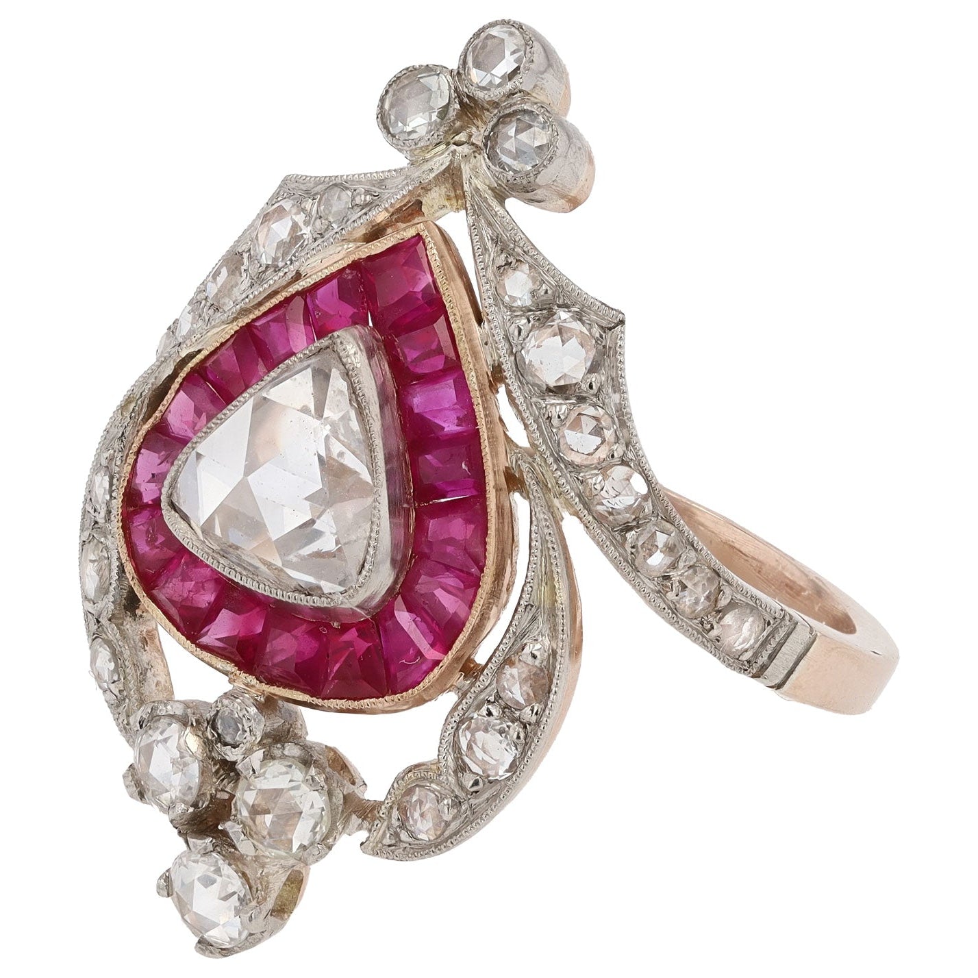 Georgian Inspired Crown Heart Rose Cut Diamond Ruby Engagement Ring