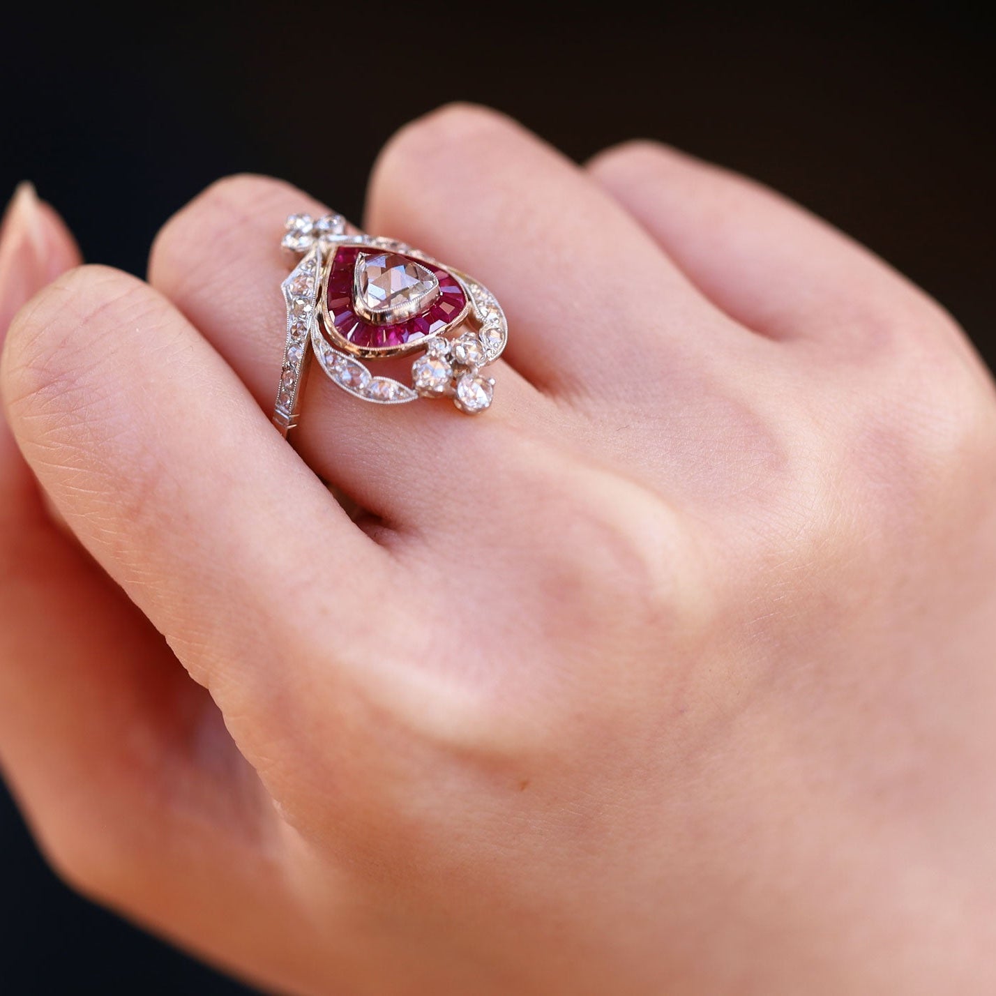 Georgian Inspired Crown Heart Rose Cut Diamond Ruby Engagement Ring