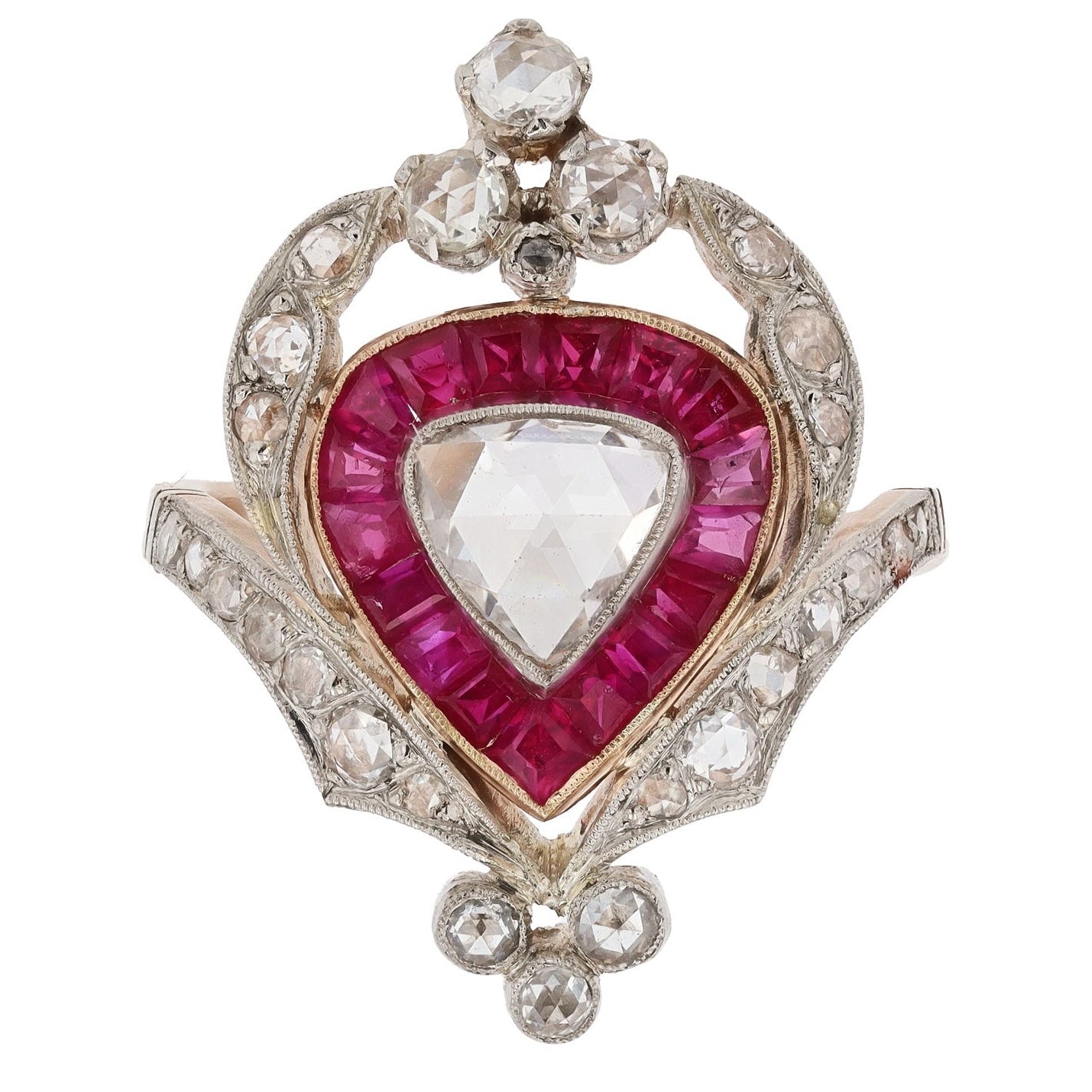 Georgian Inspired Crown Heart Rose Cut Diamond Ruby Engagement Ring