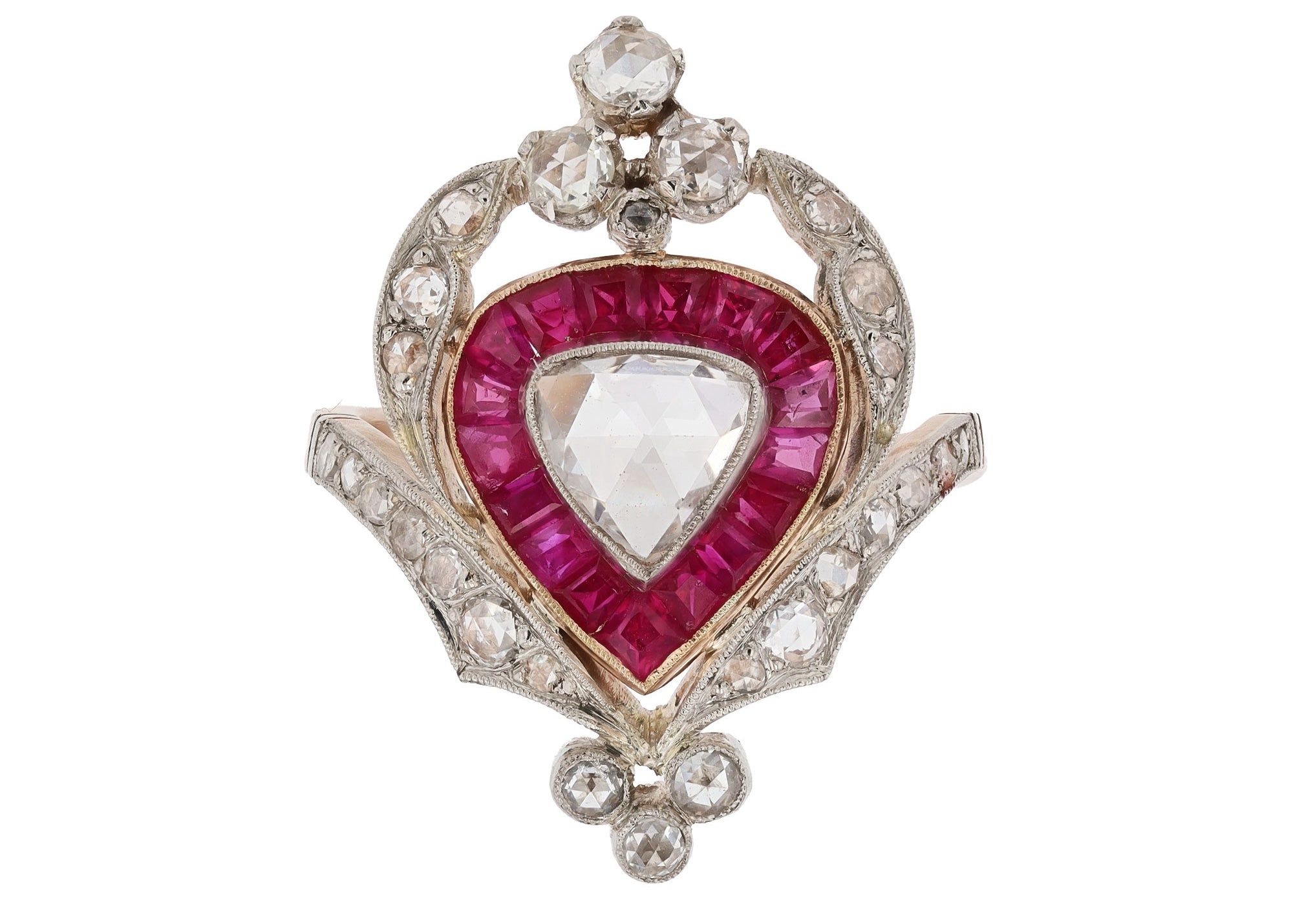 Georgian Inspired Crown Heart Rose Cut Diamond Ruby Engagement Ring