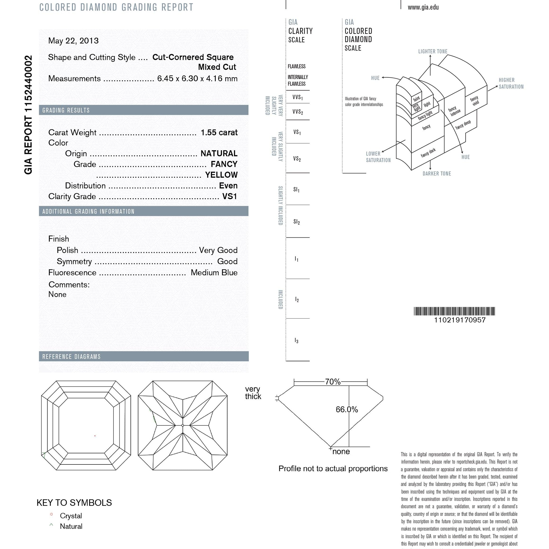 Contemporary Estate GIA Certified 1.55 Carat Fancy Yellow Diamond Engagement Ring