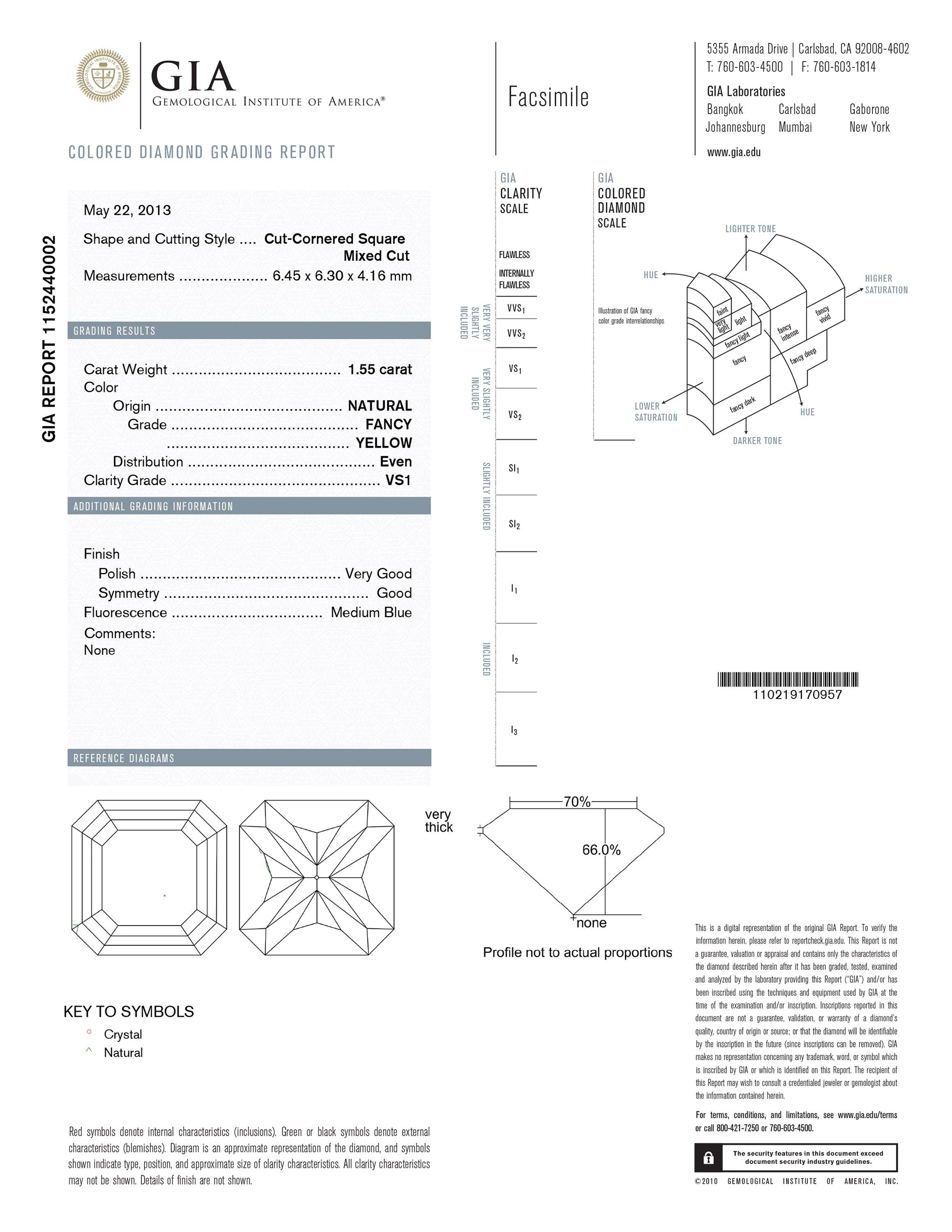 Contemporary Estate GIA Certified 1.55 Carat Fancy Yellow Diamond Engagement Ring