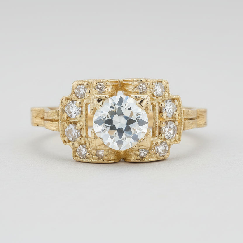 GIA Certified Round Diamond Yellow Gold Deco Engagement Ring