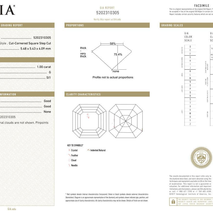 GIA Certified 1 Carat G SI Asscher Cut Diamond & Emerald Engagement Ring