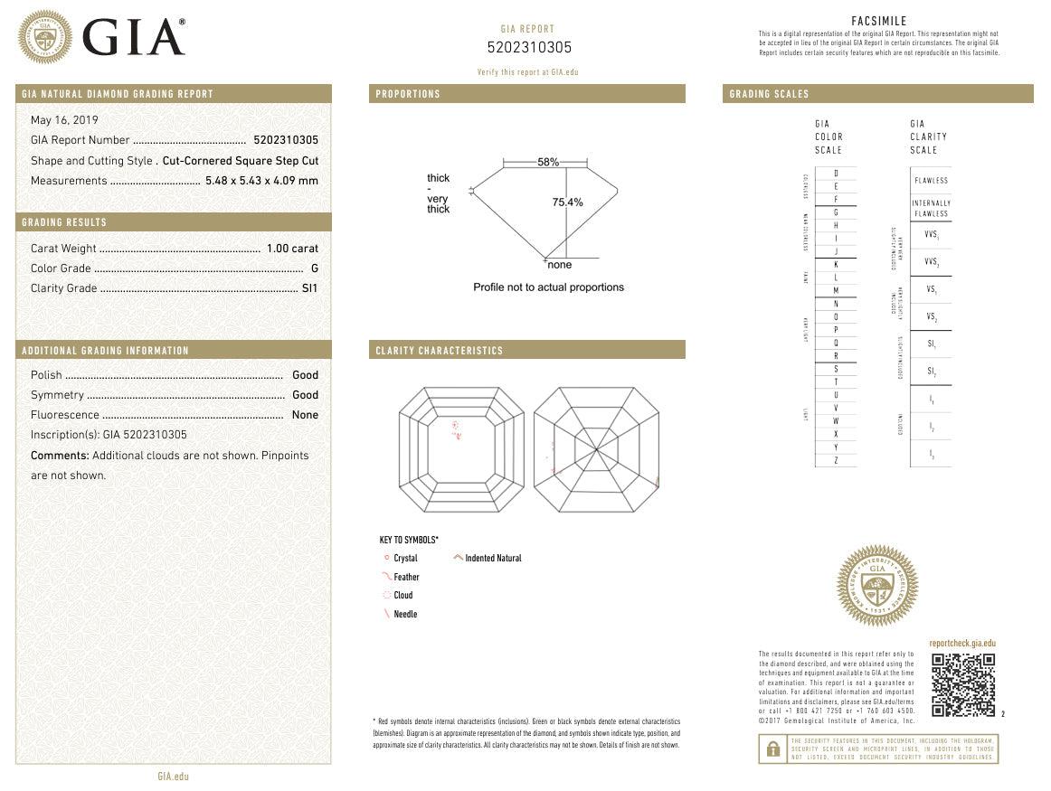 GIA Certified 1 Carat G SI Asscher Cut Diamond & Emerald Engagement Ring