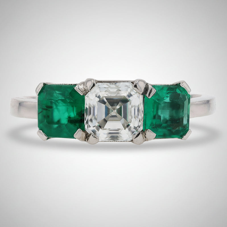 GIA Certified 1 Carat G SI Asscher Cut Diamond & Emerald Engagement Ring