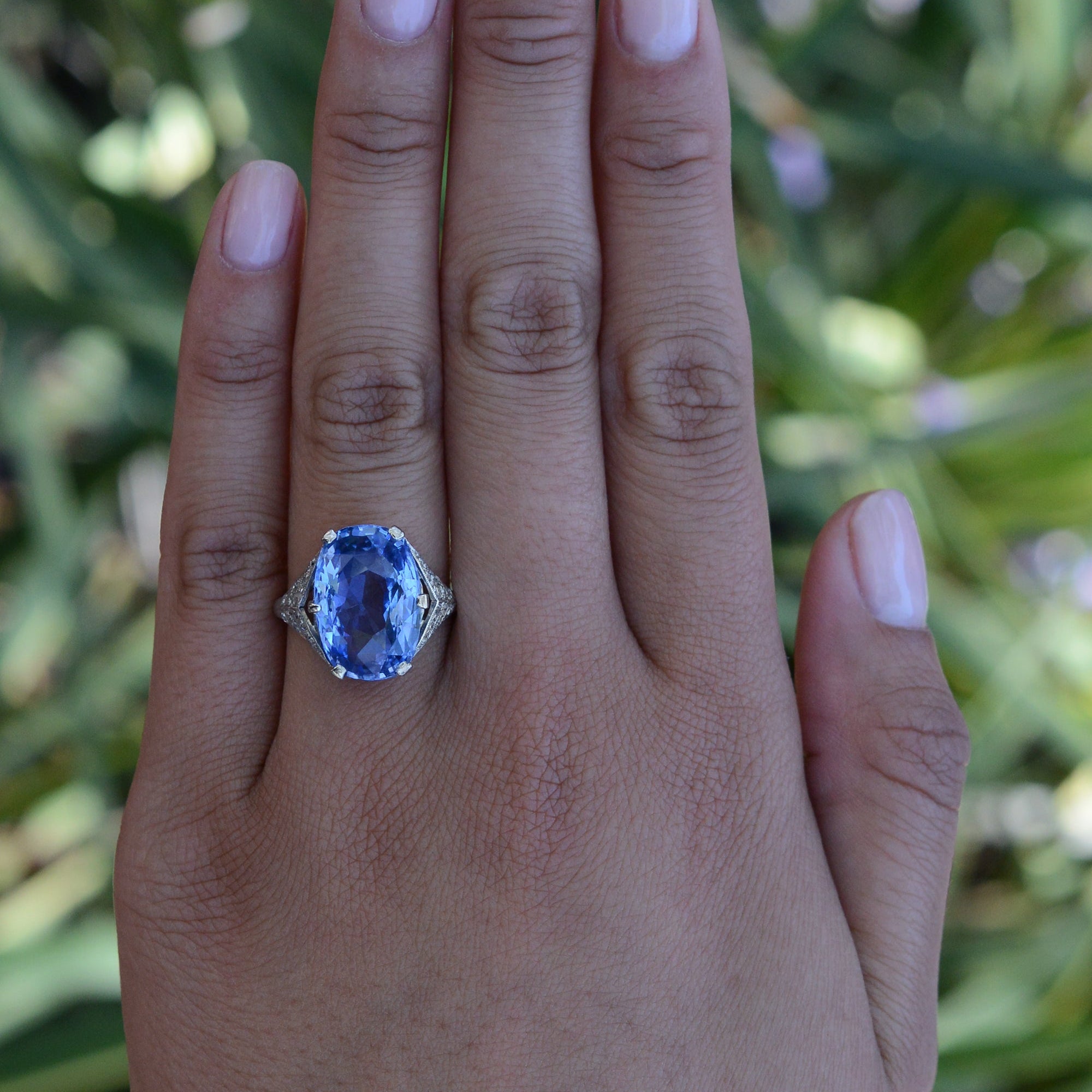 GIA Certified 11.46 Carat No Heat Ceylon Sapphire Art Deco Ring