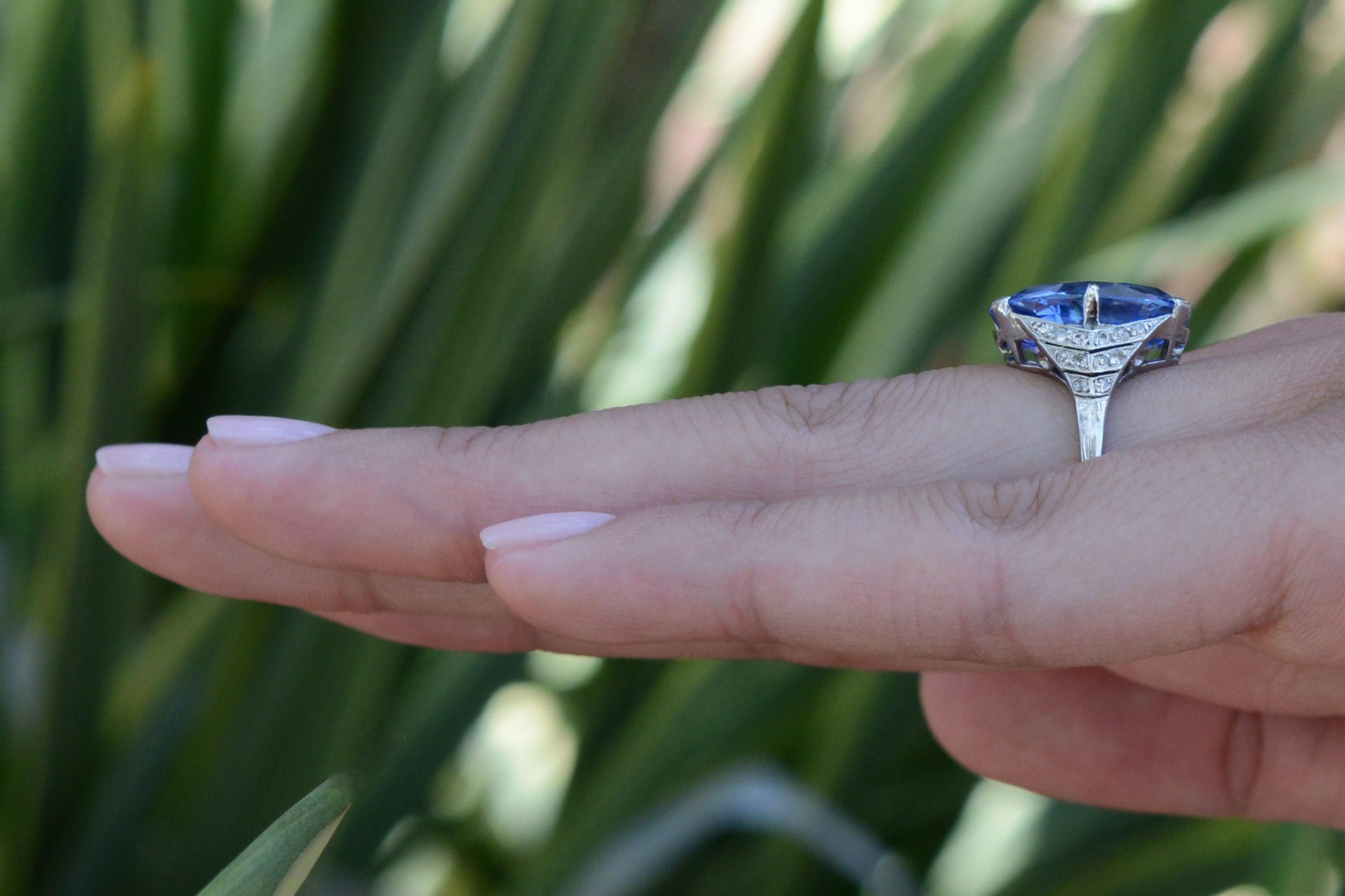 GIA Certified 11.46 Carat No Heat Ceylon Sapphire Art Deco Ring